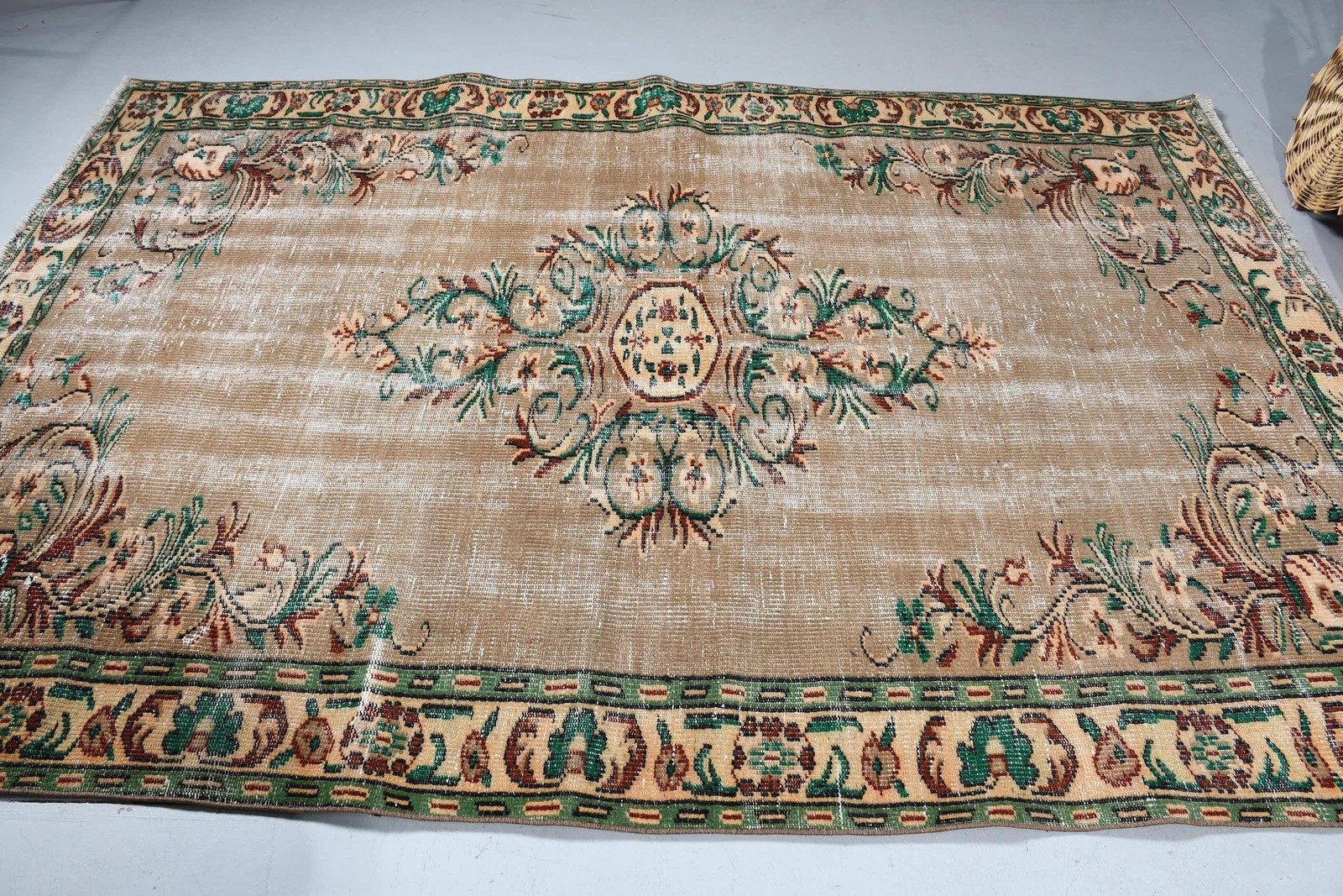 Turkish Vintage Rug, 6,2×9 ft Rug, Brown Green Bordered Wool Rug