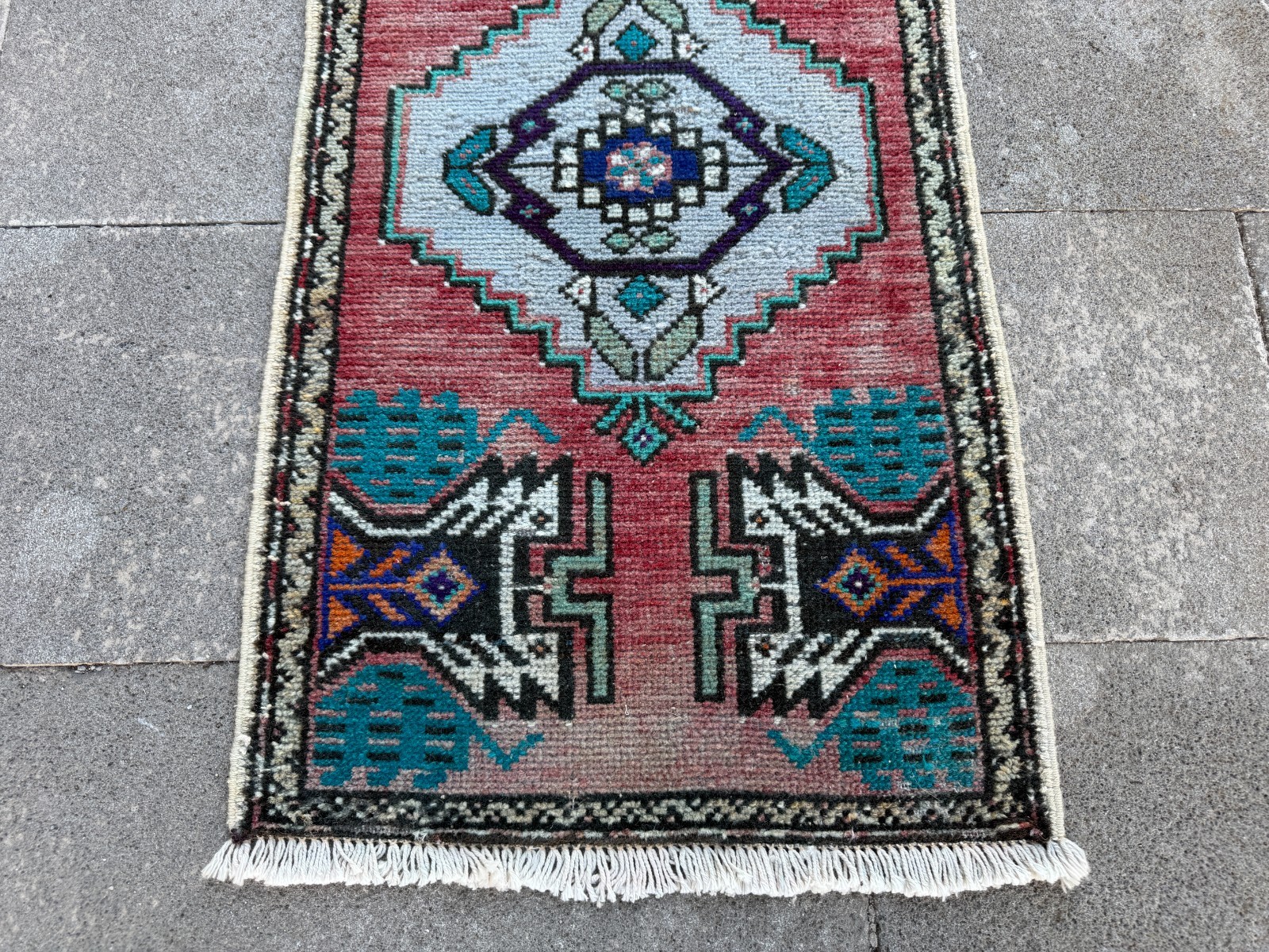 Vintage Turkish Nomadic Rug 1.6×3 ft Pink Teal Primitive Accent Carpet