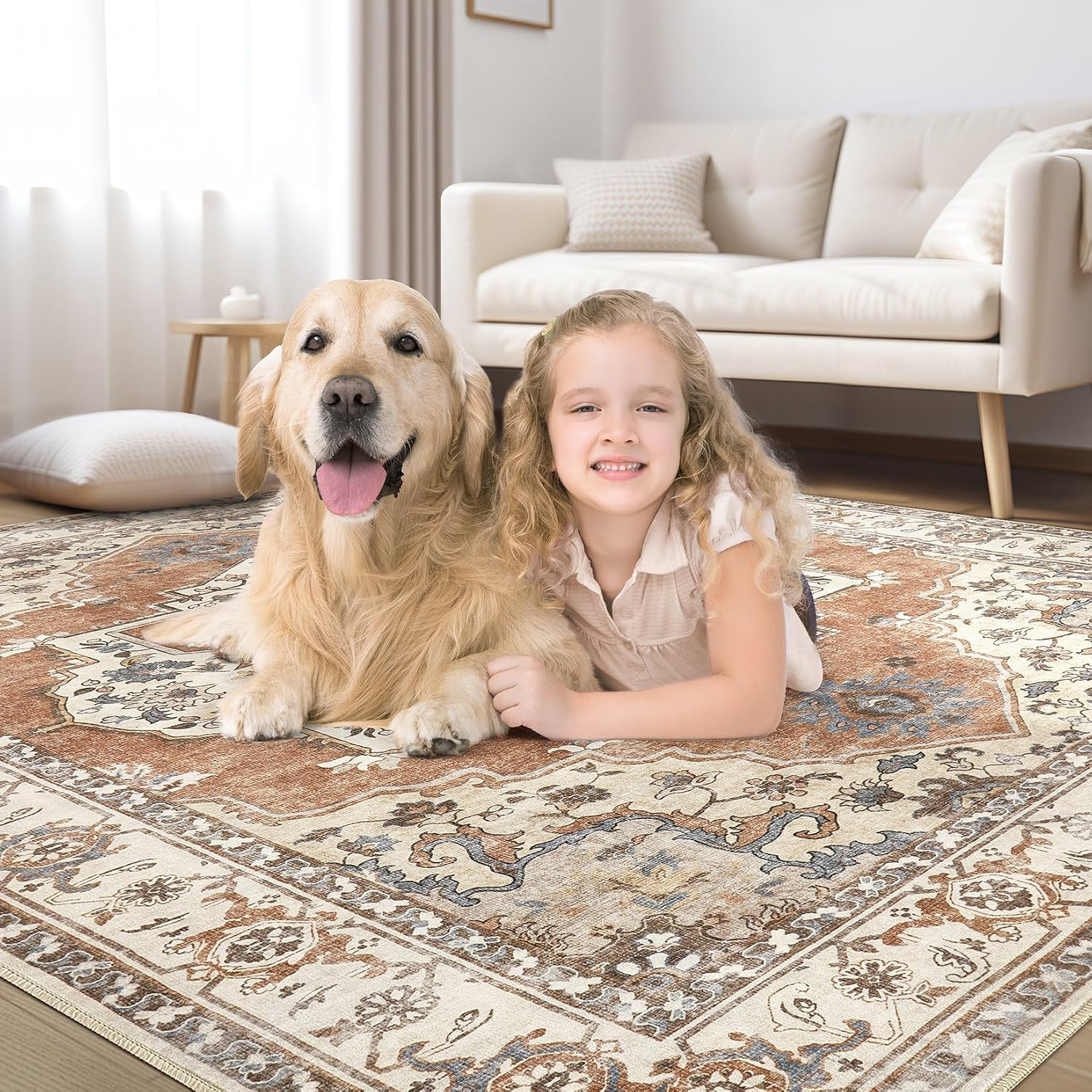 9X12 Washable Area Rug: Vintage Neutral Soft Non Slip Thin Large Floor Carpet fo