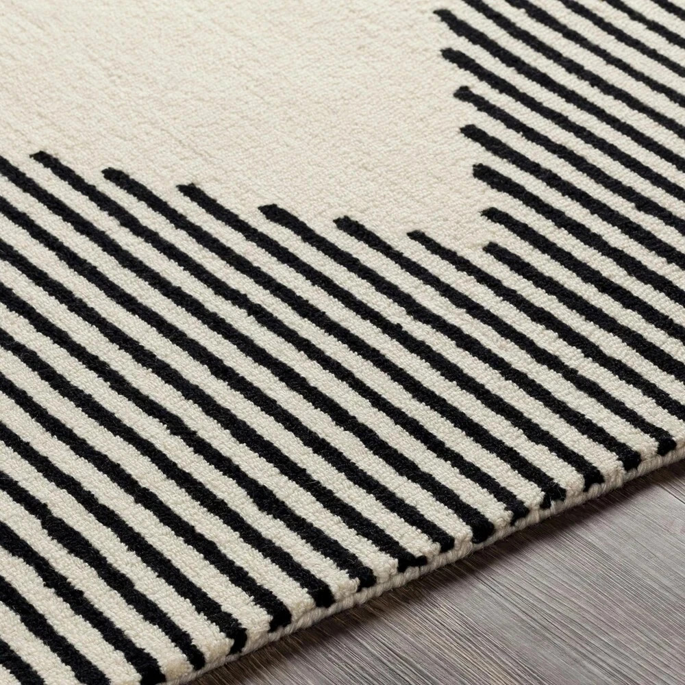 Ivory Black Diamond Hand Tufted Area Rug 8×10 Modern Geometric Striped Soft