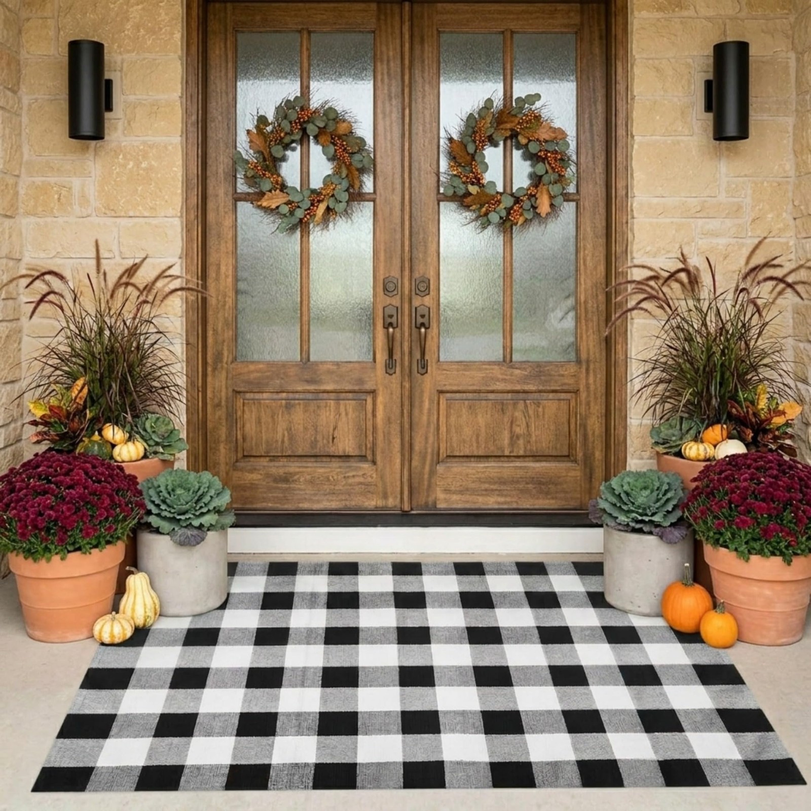 Buffalo Plaid Rug 4′ x 6′ Black and White Large Front Door Mat, Layering Area…