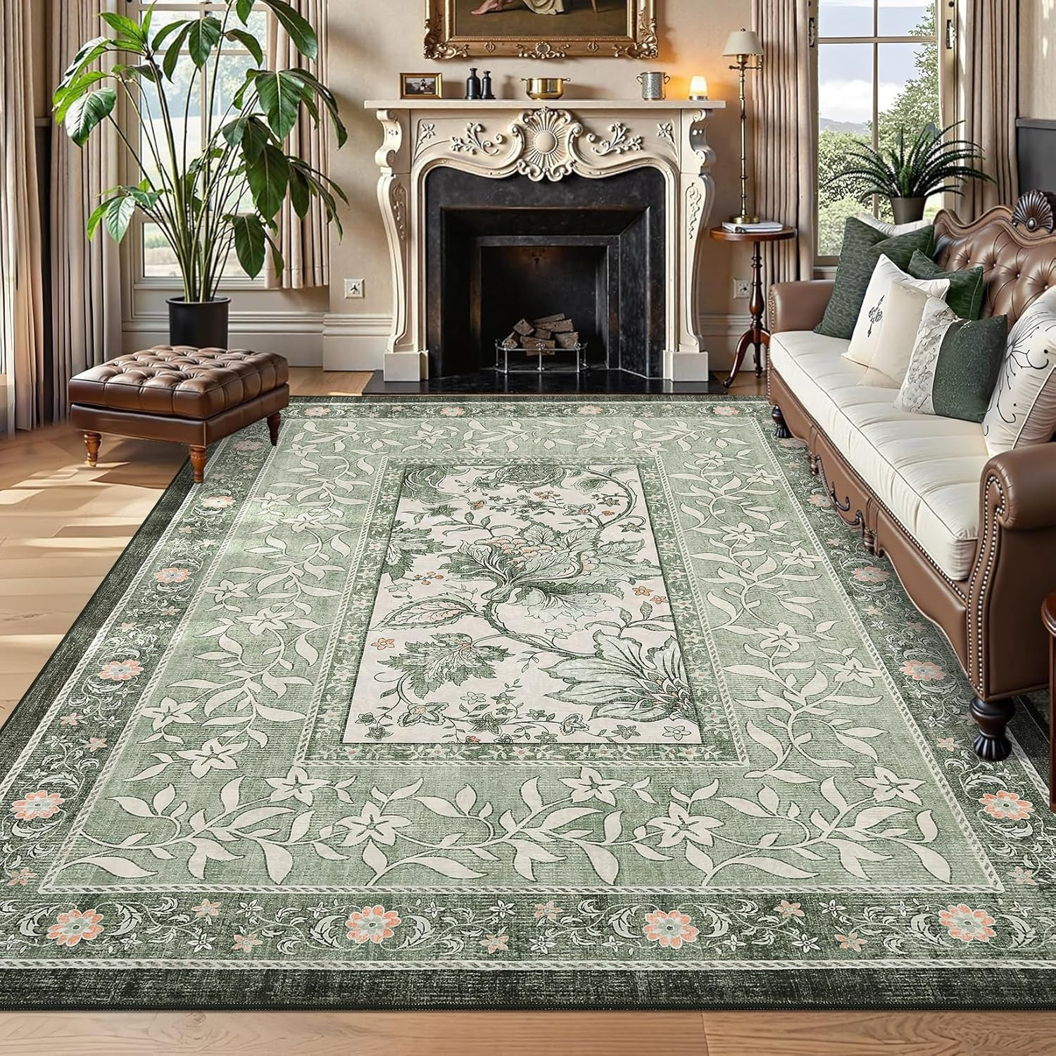 Botanical Grove Sage Green 9×12 Washable Area Rug for Living Room & Bedroom
