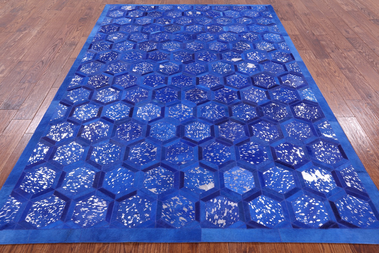 Metallic Silver On Blue Overdyed Cowhide Hand Stitched Area Rug 6 X 9- Q2644