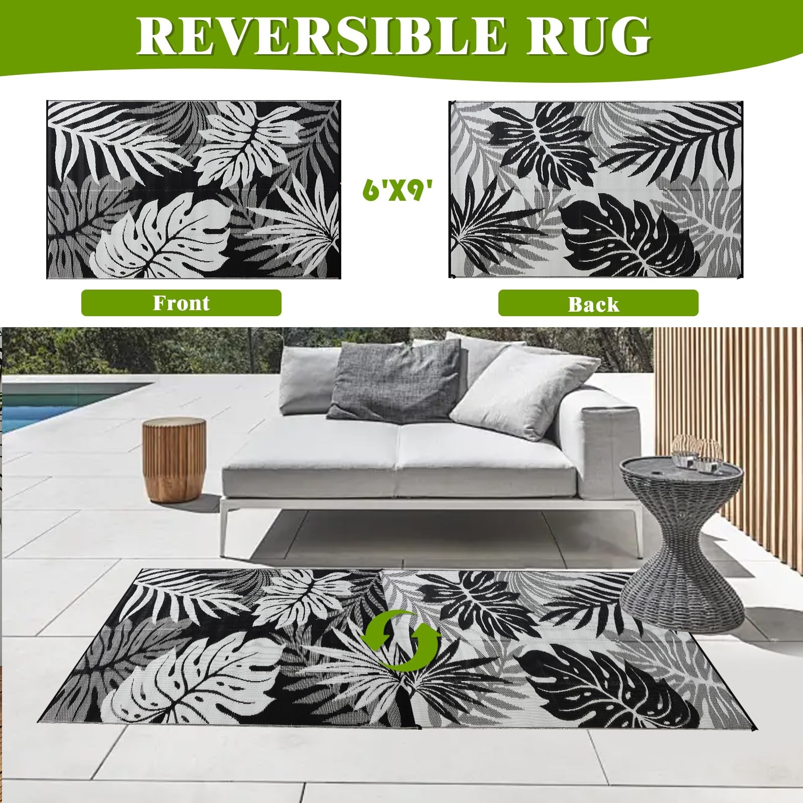 Outdoor Rug 6×9 ft Waterproof, Reversible Outdoor Plastic Straw Rug for Patio…