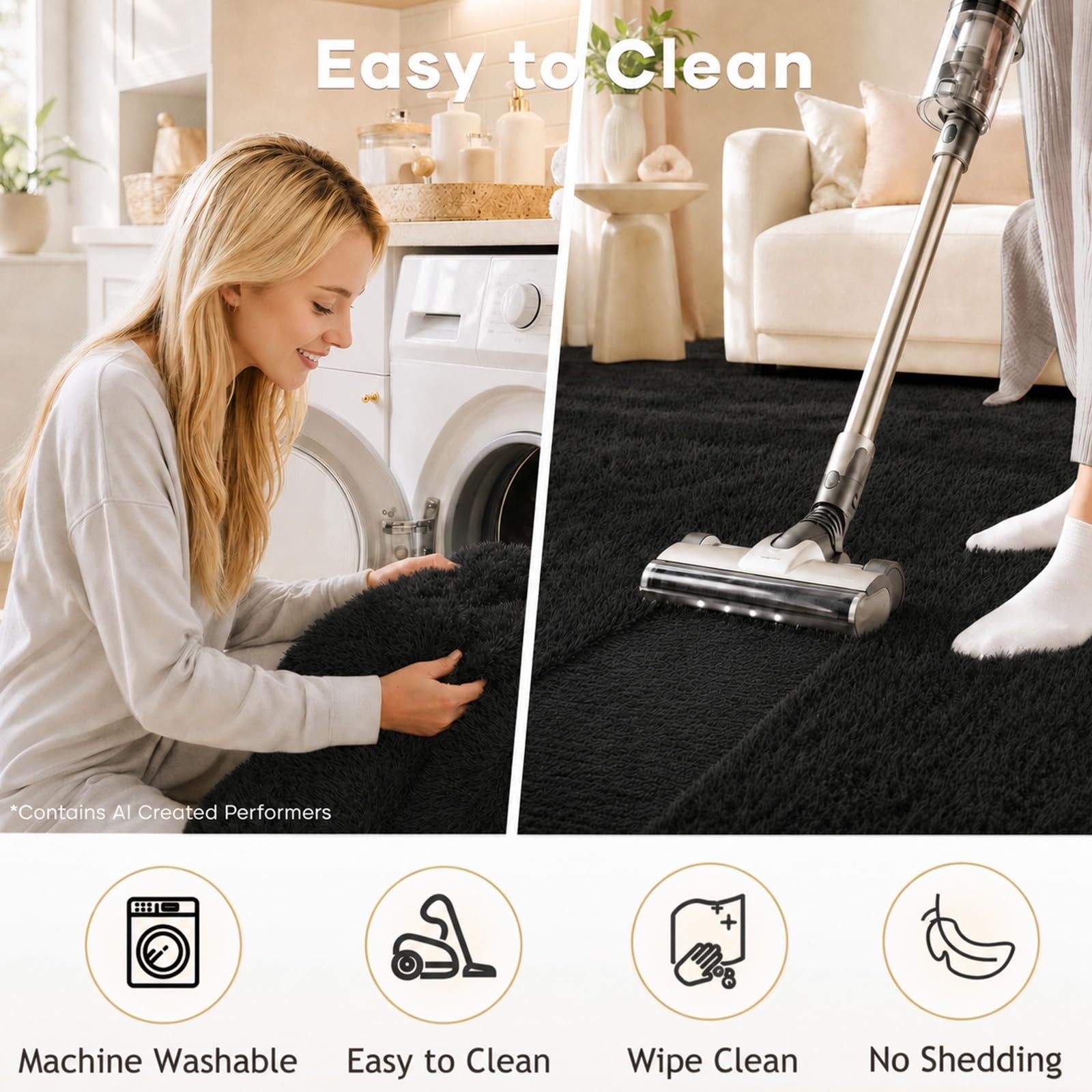 Black Area Rug 5×7 Rugs for Living Room, Fluffy Furry Shaggy Fuzzy Rug, Carpe…