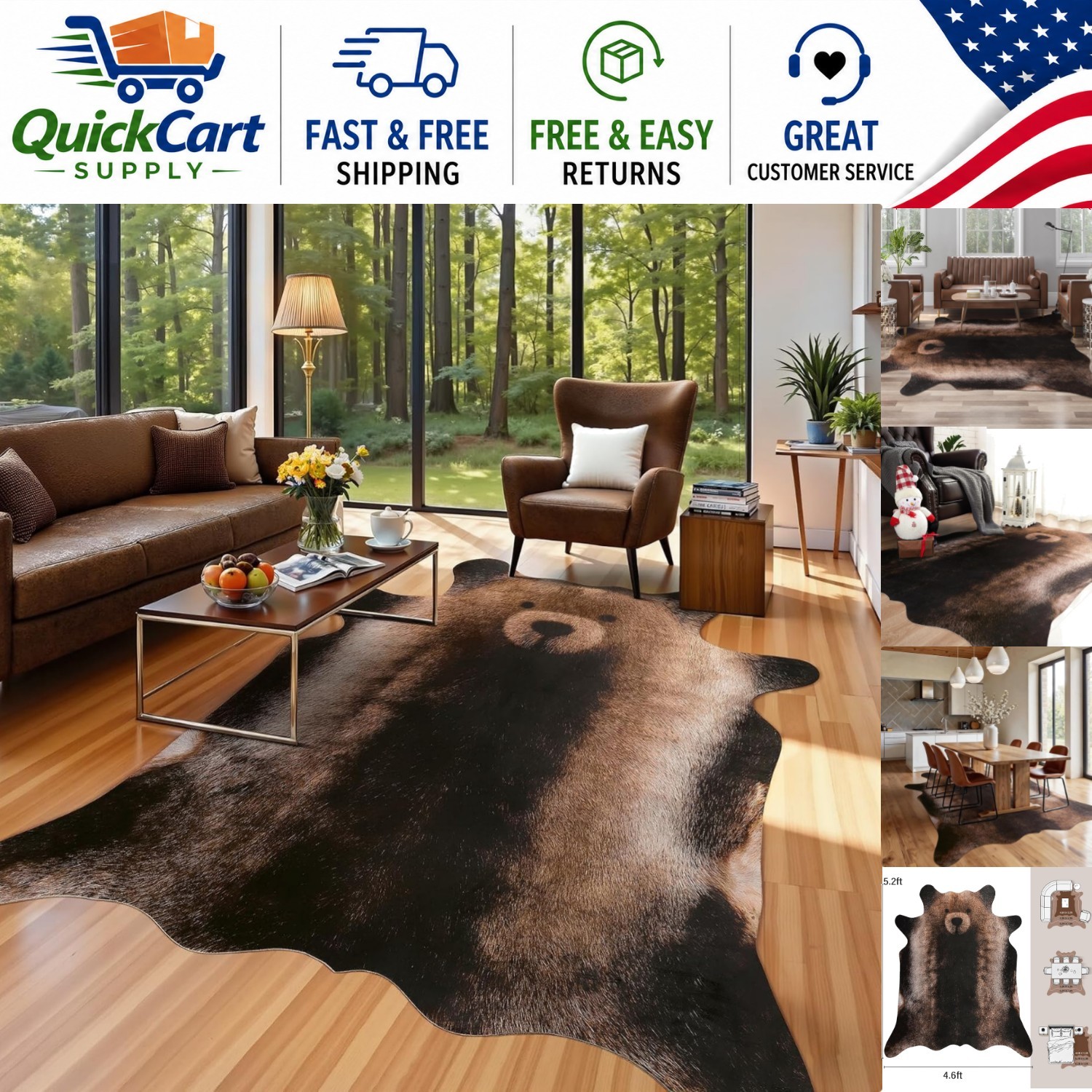 Realistic Faux Bear Rug 4.6×5.2 Ft – Non-Slip Safety for Living Room or Bedroom