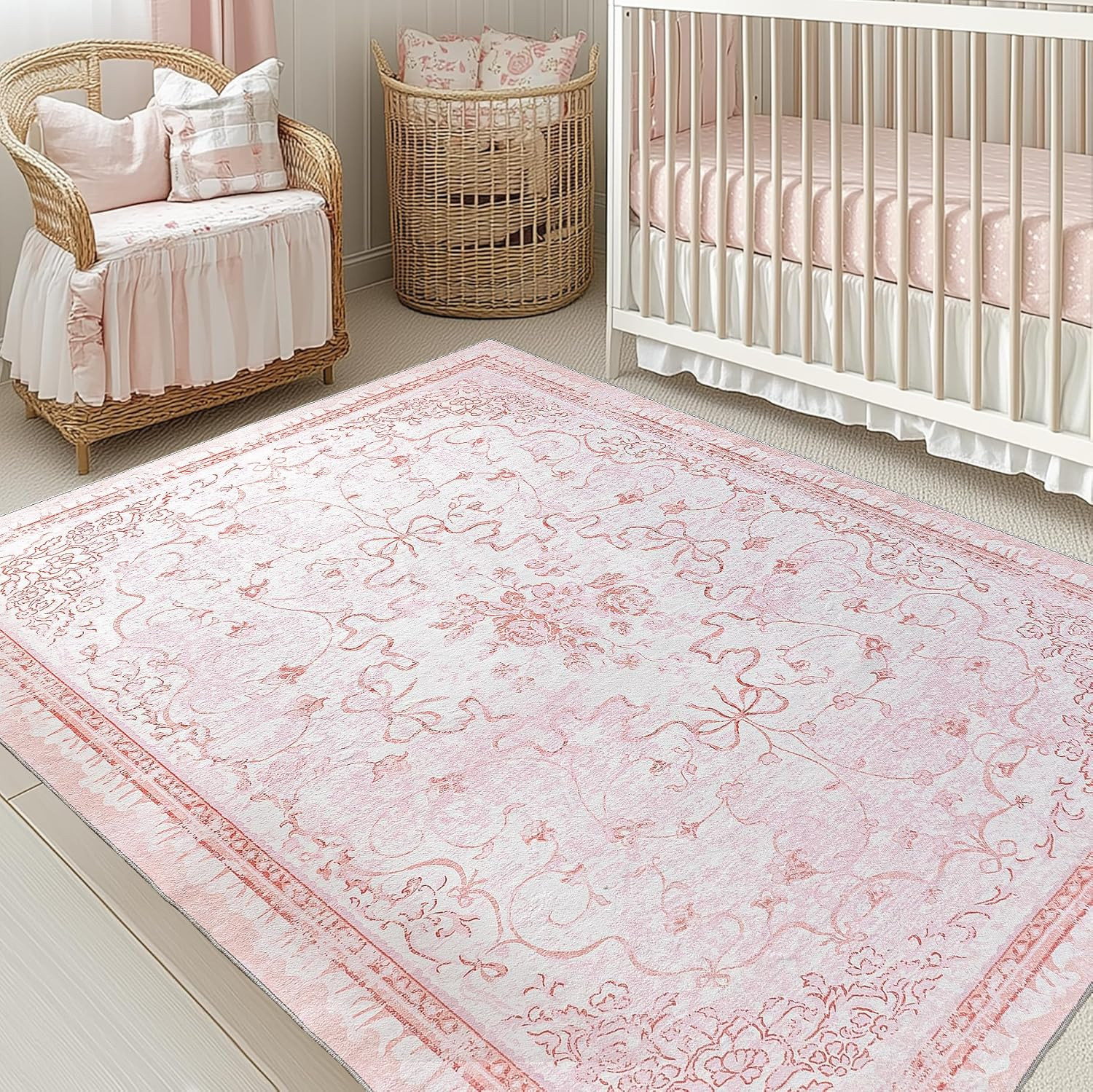 Pink Rug for Bedroom Girl Nursery – Bow Kids Rugs, Cute Coquette Teen Girls Room
