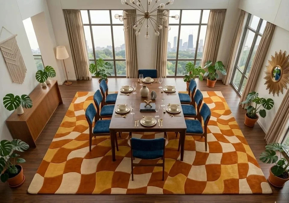 Hand Tufted Wool Rug, Retro Wavy Abstract Carpet, Mid Century Modern Living Room
