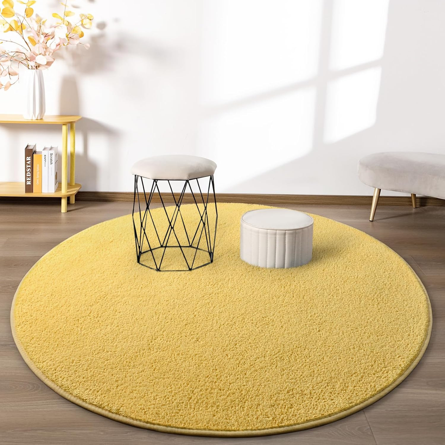 round Area Rugs for Bedroom Living Room, 4X4 Yellow Super Soft Comfy