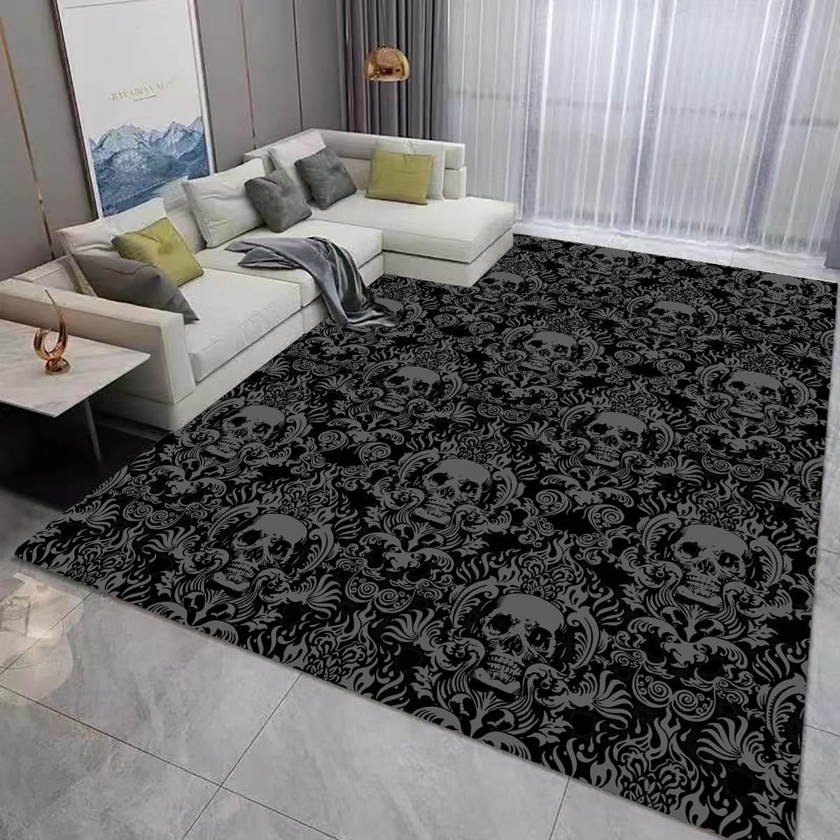 Gothic Skull Area Rug – Vintage Black & Grey Halloween Decor 5’X7