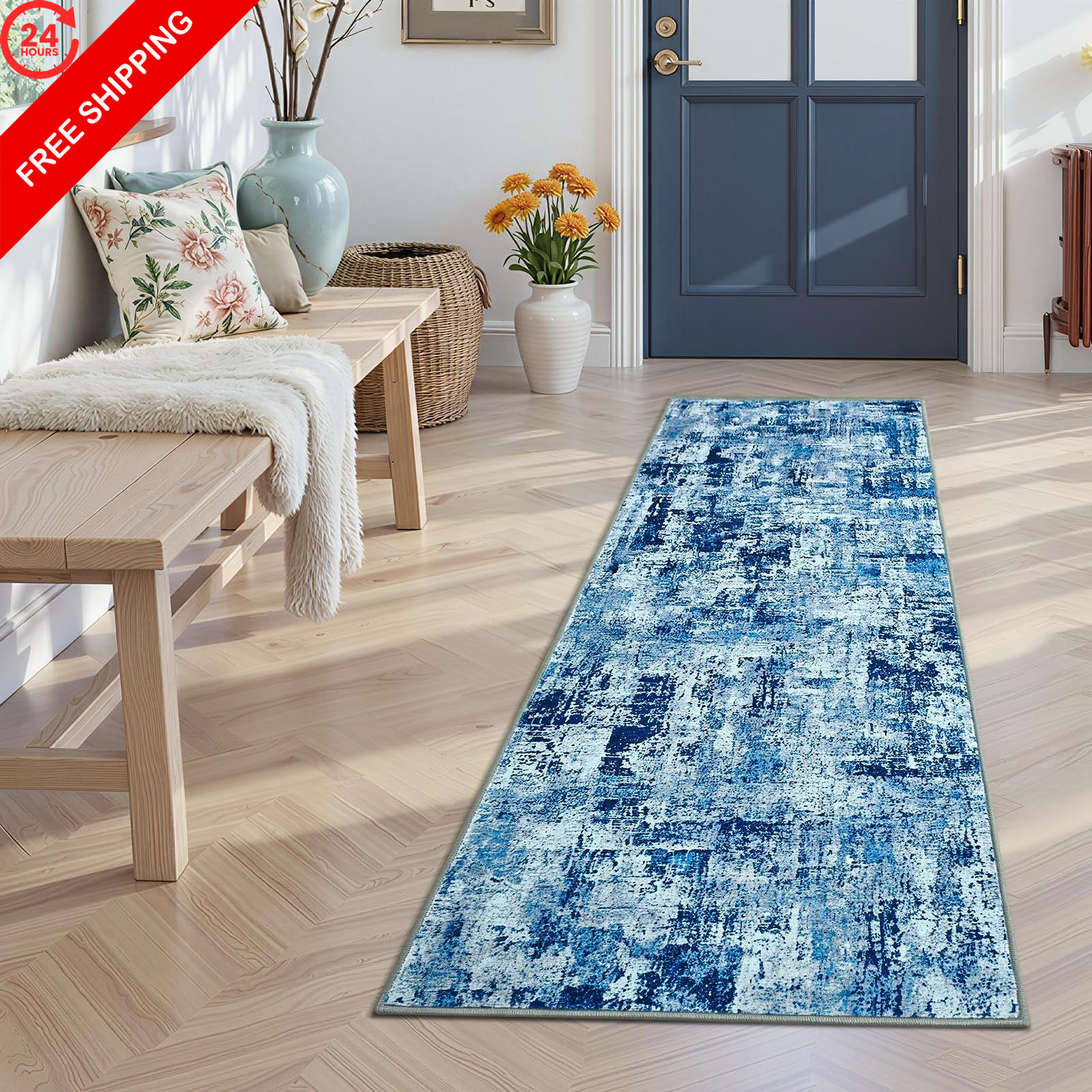 Toneed Washable 2×6 Non-Slip Abstract 2′ x 6′ (Rectangular), Denim Blue