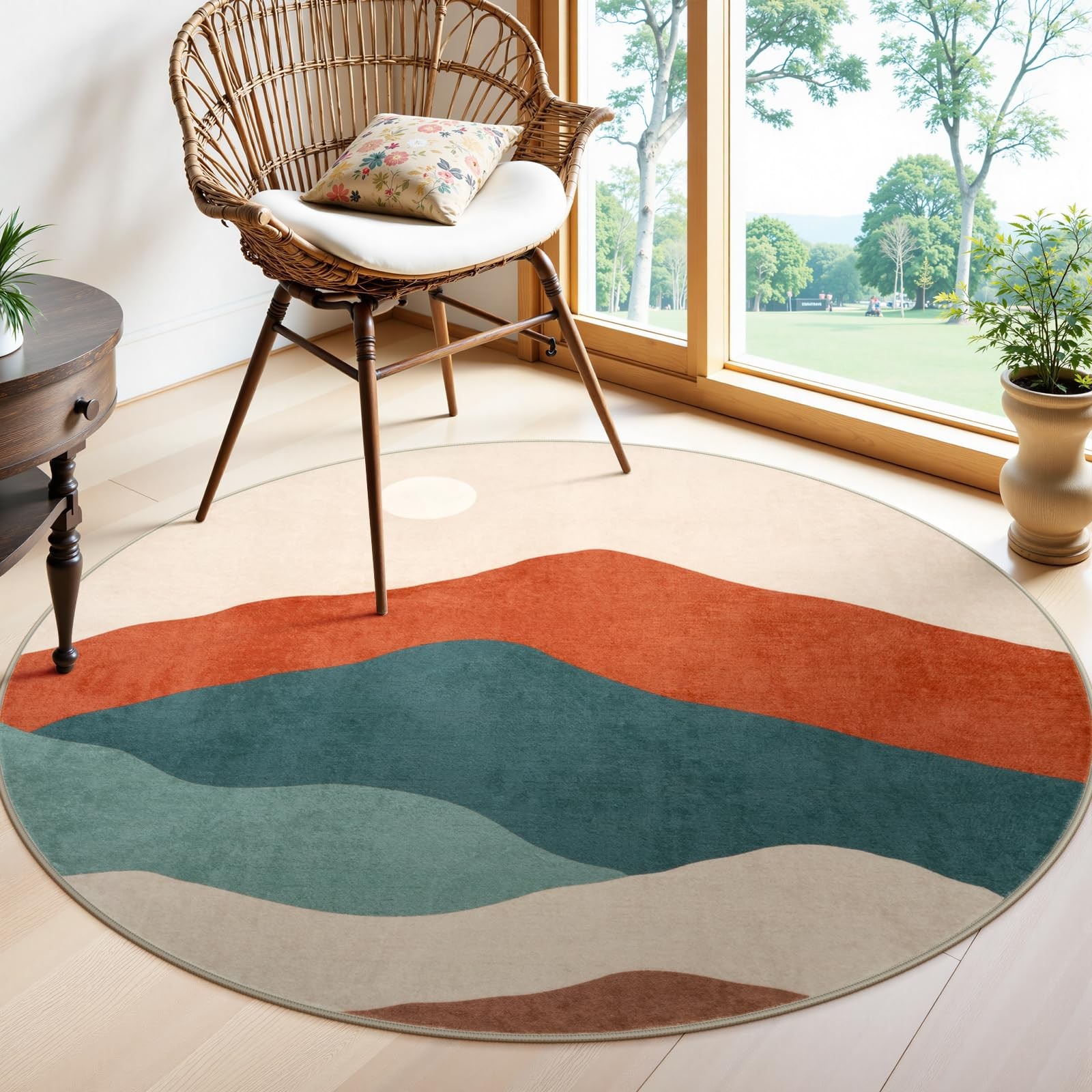 Sungea Round Rugs 4ft, Non Slip Washable Circle Rug for Bedroom Mountain Boho…