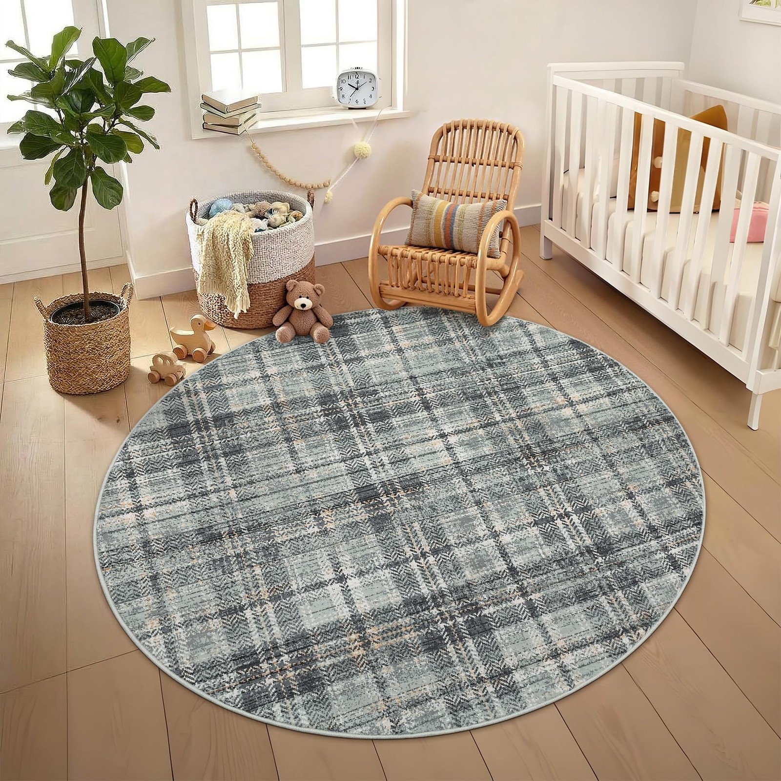 Luxloom Tartan Plaid Washable Rug Round Rugs 5Ft Soft Modern Non Slip Circle