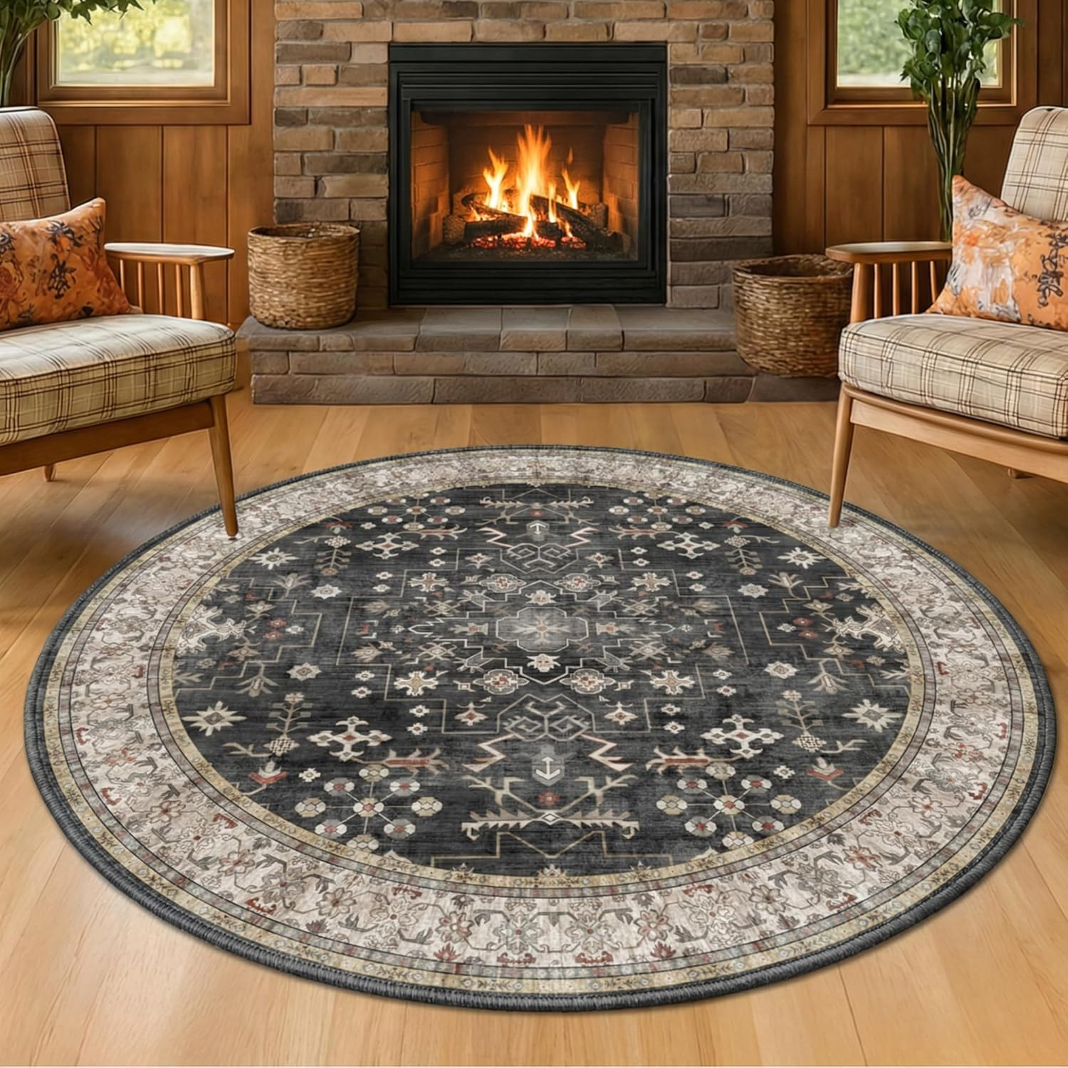 Black Boho Living Room round Rug 6Ft – Washable Dark Vintage Moody Low Pile Non