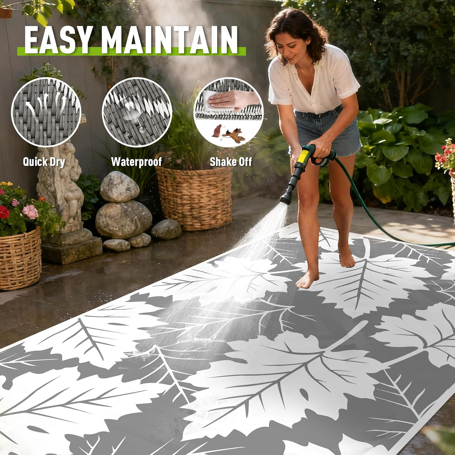 4X6 Feet Maple Leaf Pattern Plastic Outdoor Rug, Stain Resistant Waterproof Reve