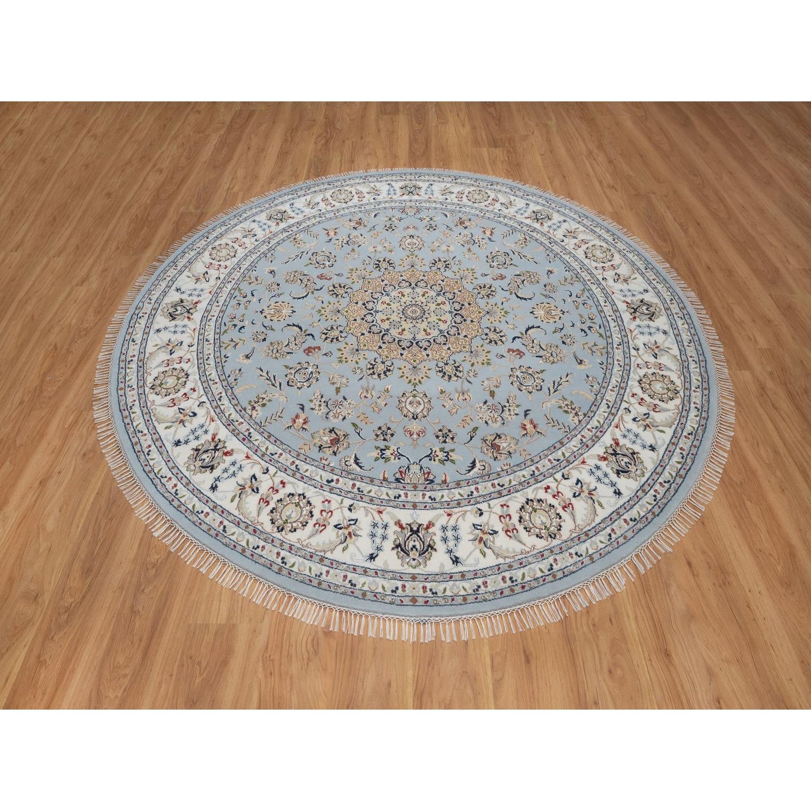 7’9″x7’9″ Light Blue Nain 250 KPSI Hand Knotted Wool and Silk Round Rug 92502
