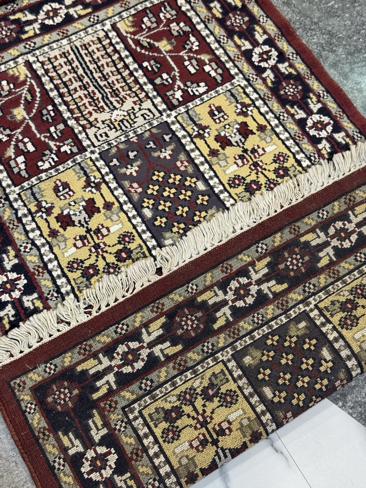 Hand knotted wine red wool art silk rug: 2x3ft Mughal garden tree design