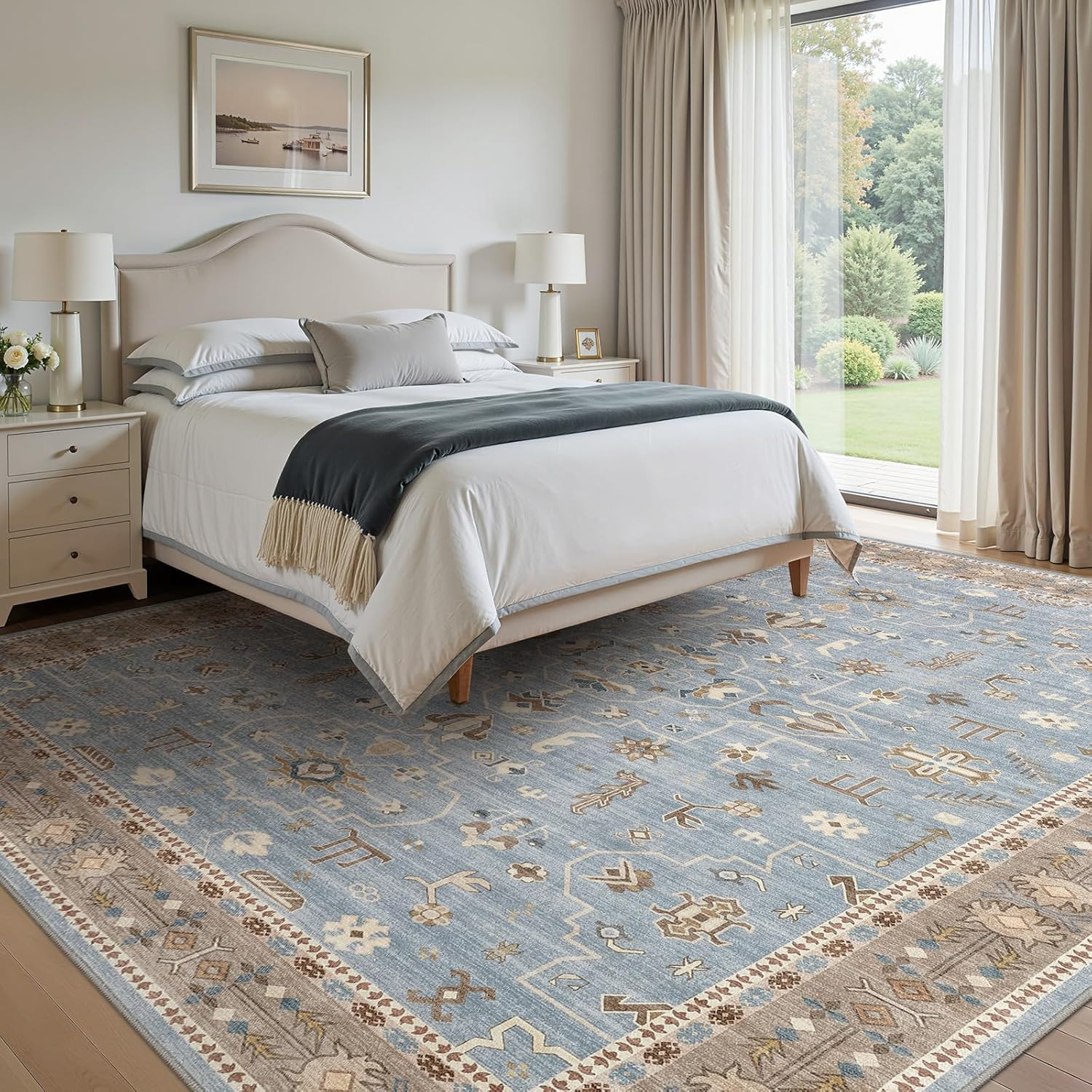 Vintage Blue & Brown 9×12 Area Rug – Washable Non-Slip Soft Carpet