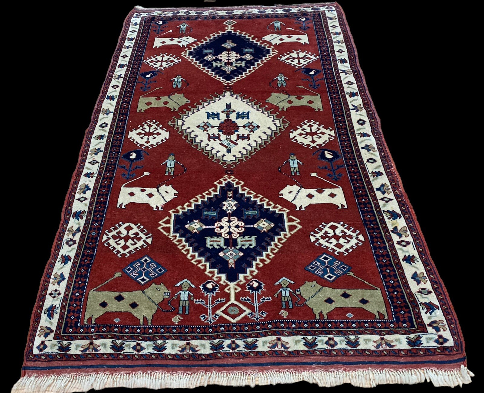 Museum Piece Vintage Animal Man Pictorial Vegetable Dye Kurdi Area Rug Wool 4×6