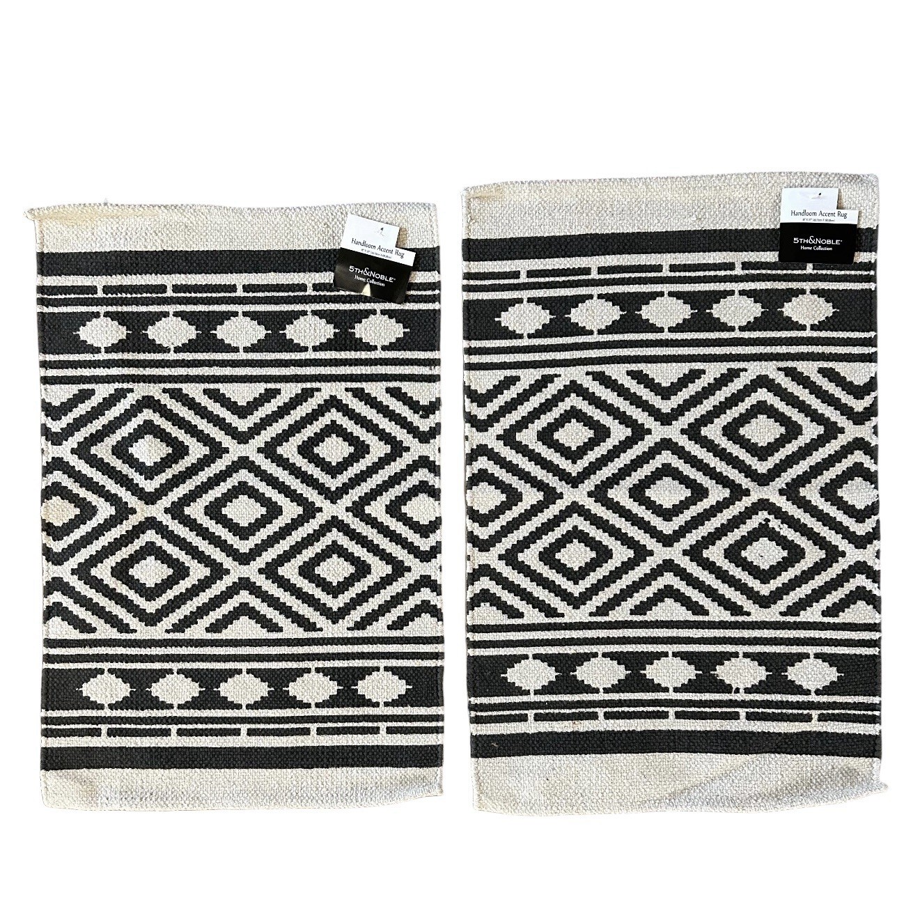 Handloom Accent Rug Set 2 Black & Beige Aztec Geometric Cotton Boho Naturalist