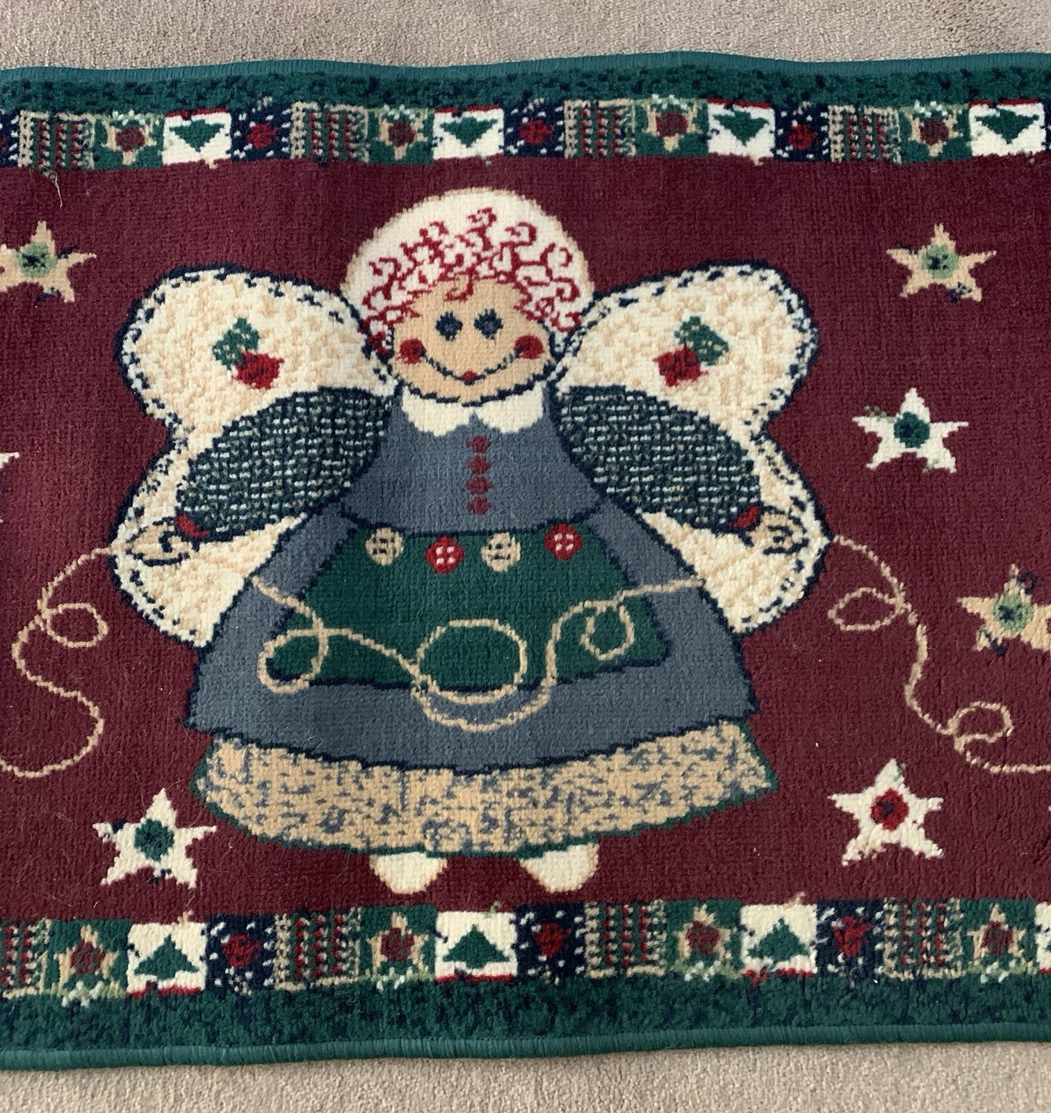 Vtg Christmas Folk Angel Rug Montgomery Wards 37-1/2” x 23-1/4” EUC