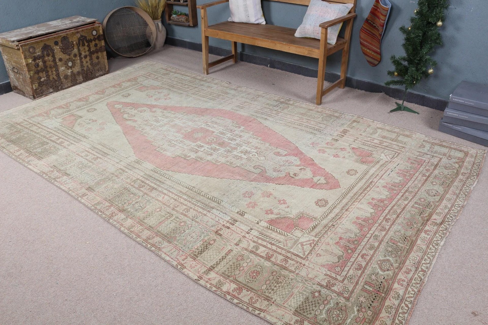 6,2×10,7 ft Rug, Vintage Rug, Turkish Pink Wool Oriental Rug