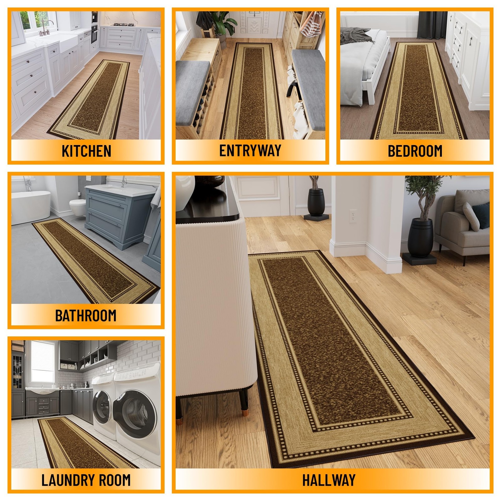 Ottohome Non-Slip Rubberback Bordered Design 3×10 Indoor Runner Rug, 2’7 x 9’10,