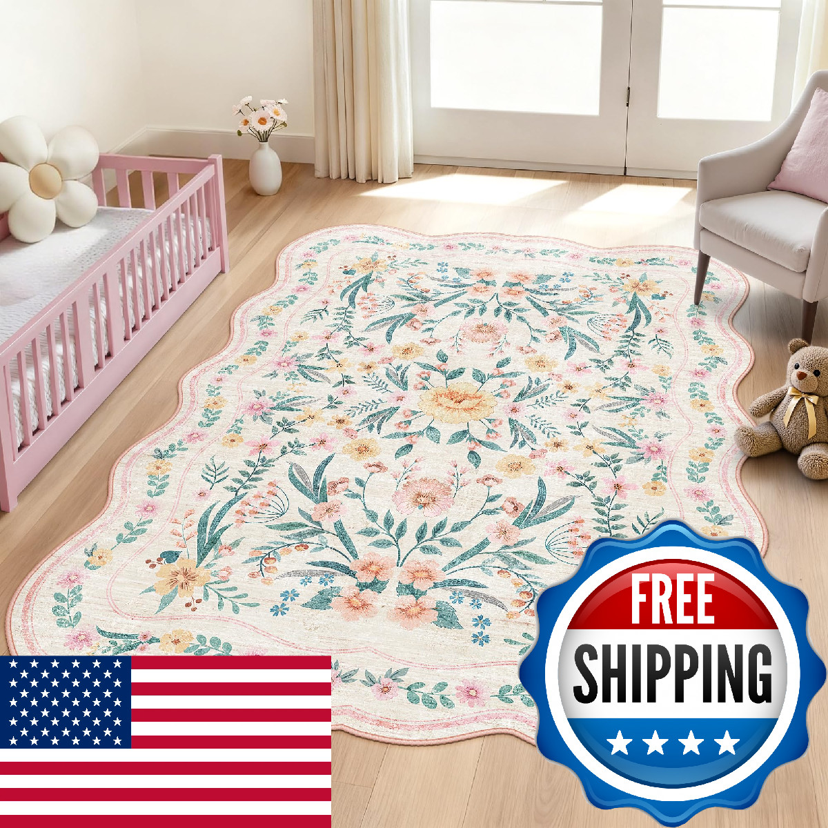Dadasgk Pink Floral Rug 5X7 Girls Nursery Bedroom Washable Non-Slip Area Rug Cut
