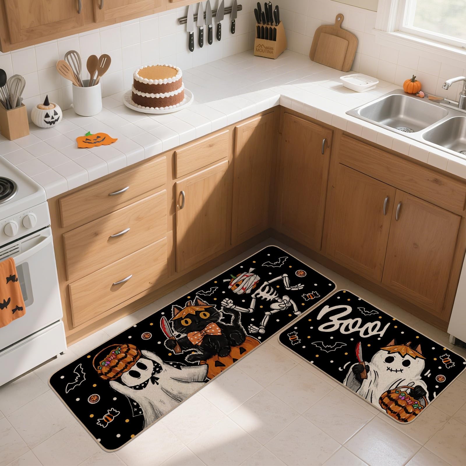 Boo Black Cat Skeleton Pumpkin Kitchen Rugs Set of 2 17×29&17×47 Inch,