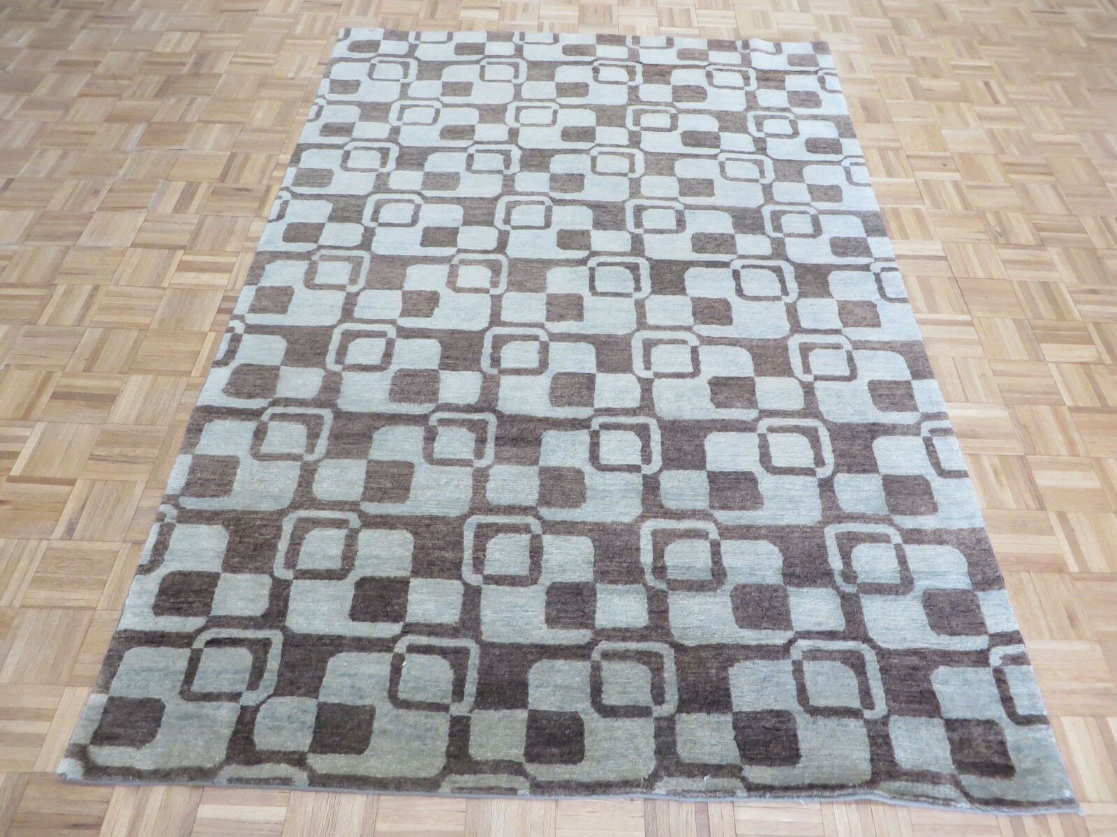 6 x 9 Hand Knotted Brown & Sky Blue Geometric Oriental Rug G13730