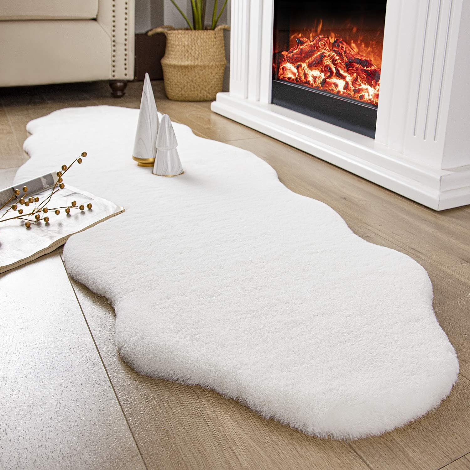 Ashler Faux Rabbit Fur Rug, White 2X6 Ft Soft Fluffy Faux Fur Runner Rug, Shaggy