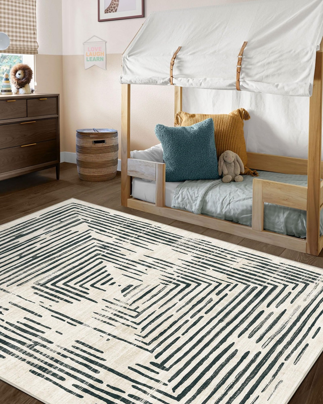 BLISSA 3×5 Washable Area Rug – 3′ x 5′ (Rectangular), Lines – Bluish Black