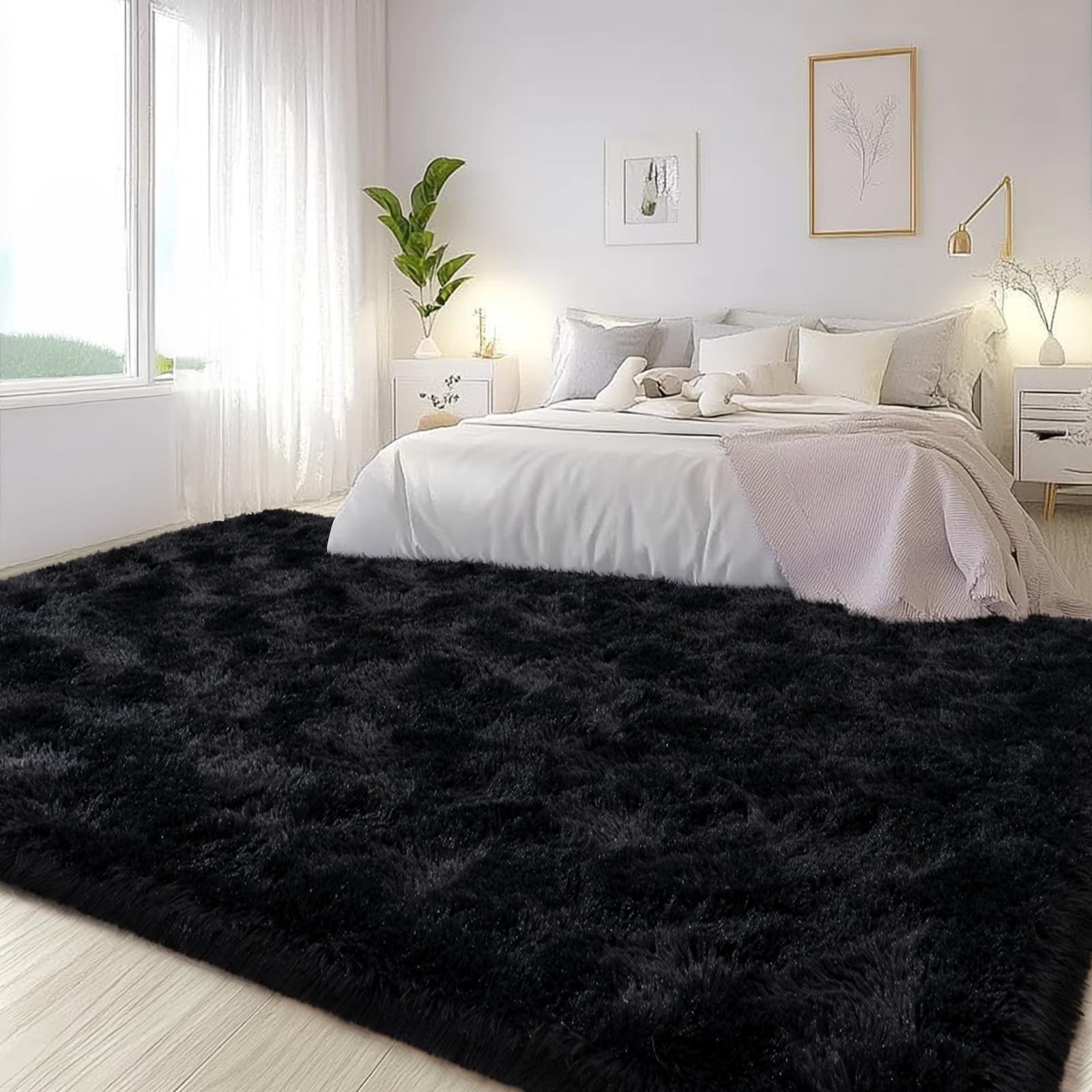 Large Area Rugs for Living Room Bedroom, 5×7 Feet Black Fluffy Shag Rugs, Ultra