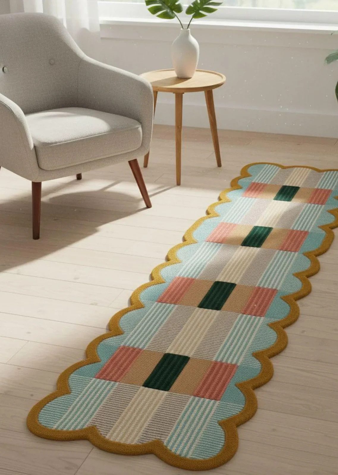 Hand-Tufted Wool Blend Runner Rug: Scalloped Checkered Entryway for home decor