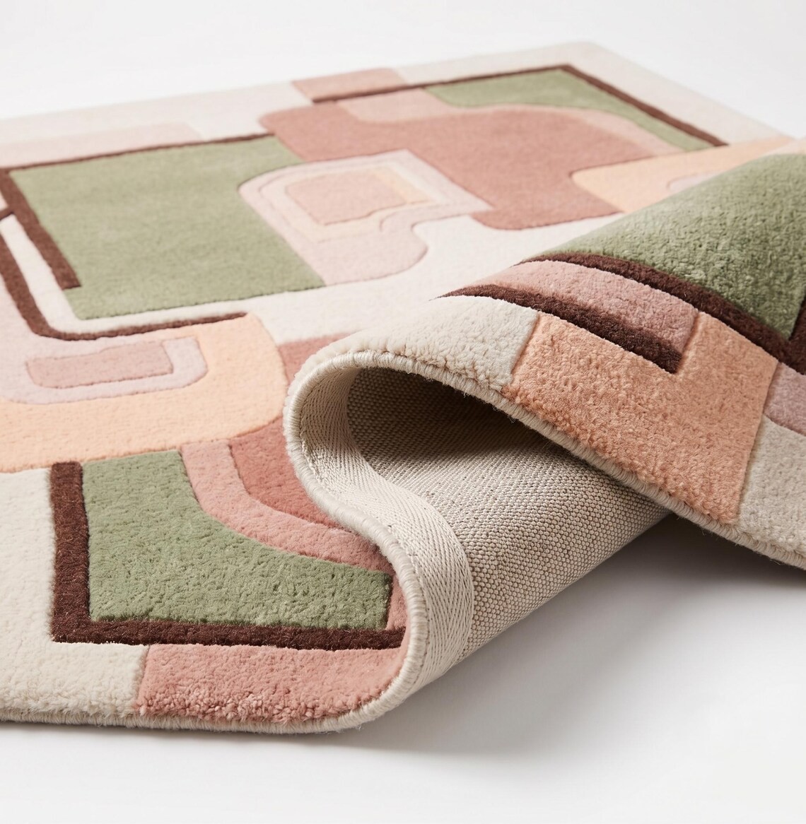 Modern Hand Tufted Wool Rug Abstract Geometric Pink Green Beige Area Carpet