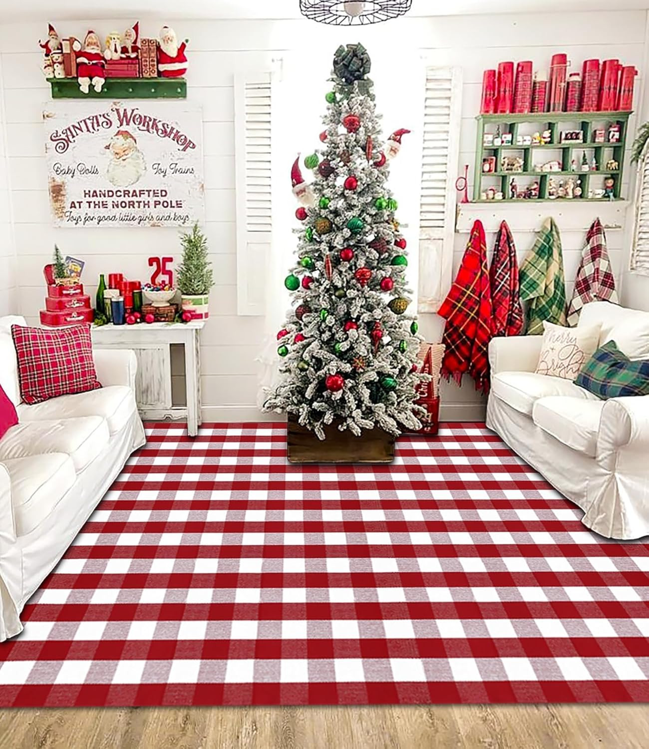 Red & White Plaid 8′ x 10′ Washable Christmas Outdoor Rug