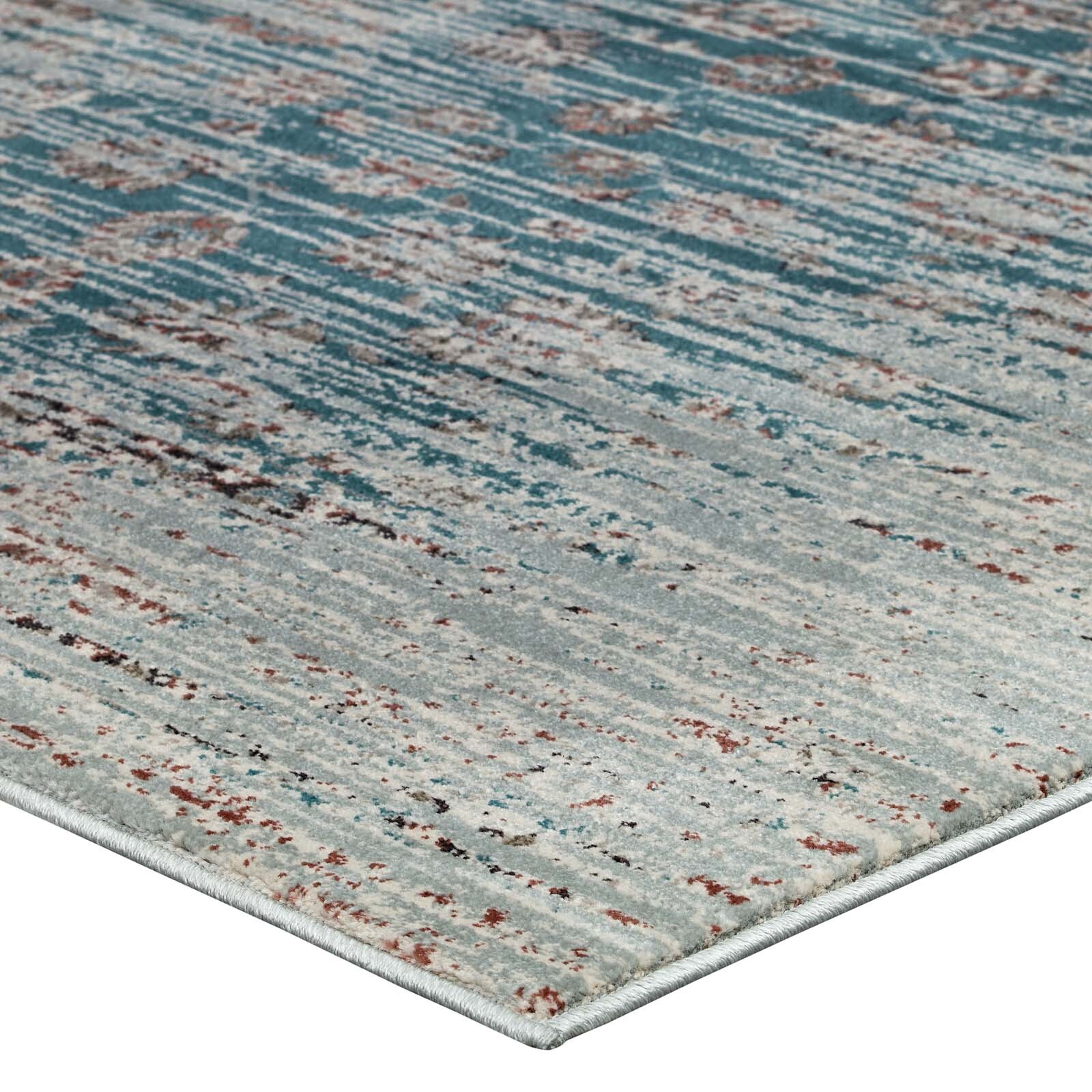 Distressed Contemporary Floral Lattice 8×10 Teal, Beige and Brown Area Rug