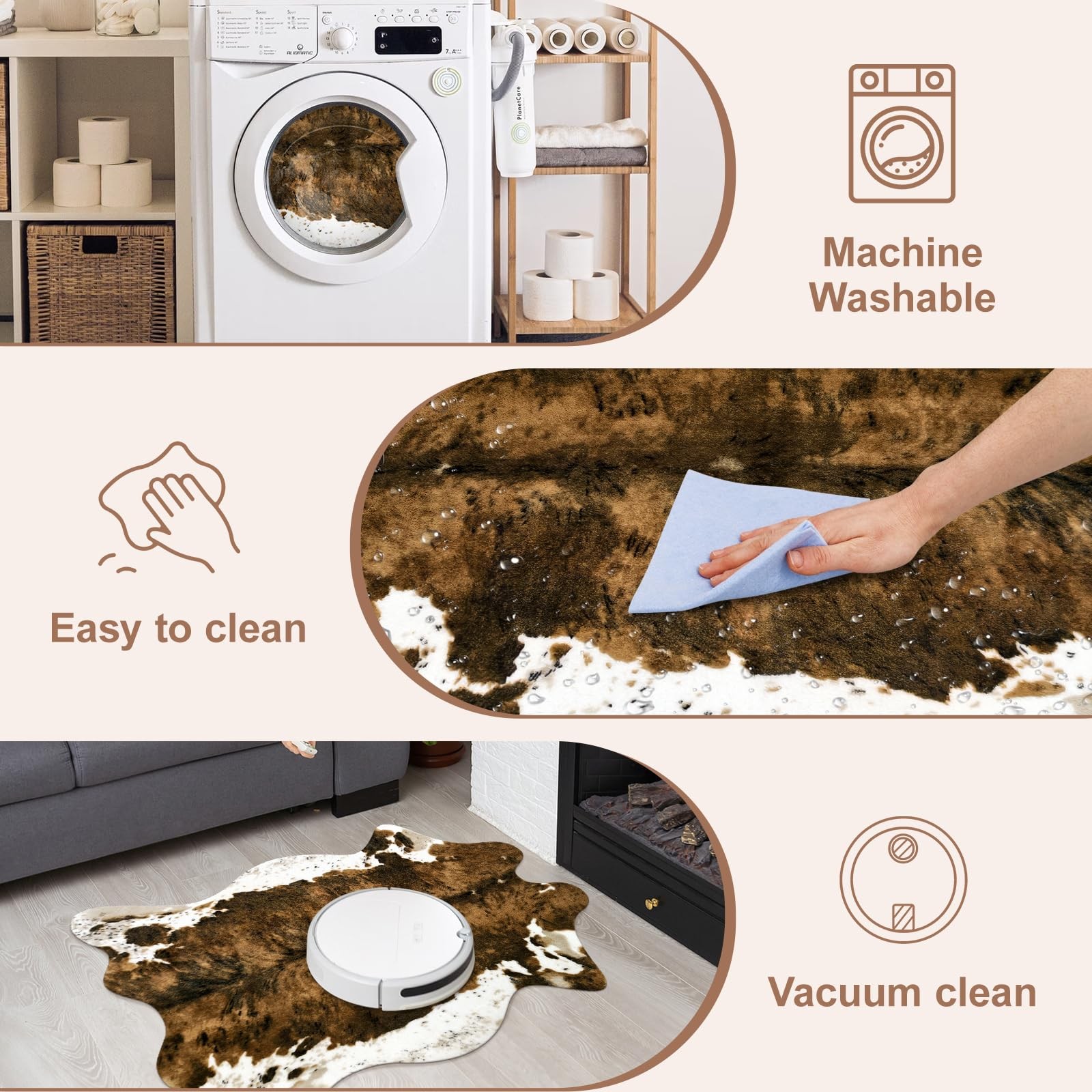 Faux Cowhide Cow Print Area Carpet Rug Western Bedroom Brown 3.6×2.5ft Small