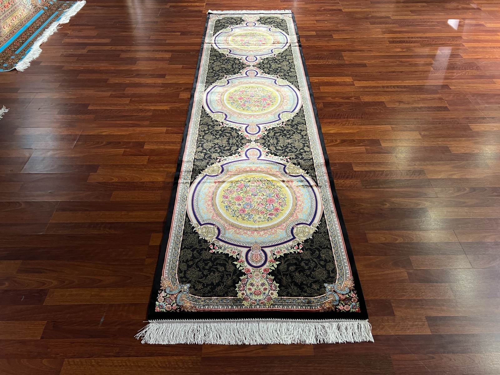 3×10 ft Black Turkish Medallion Runner Rug – Hallway Modal Silk Handmade Fringe