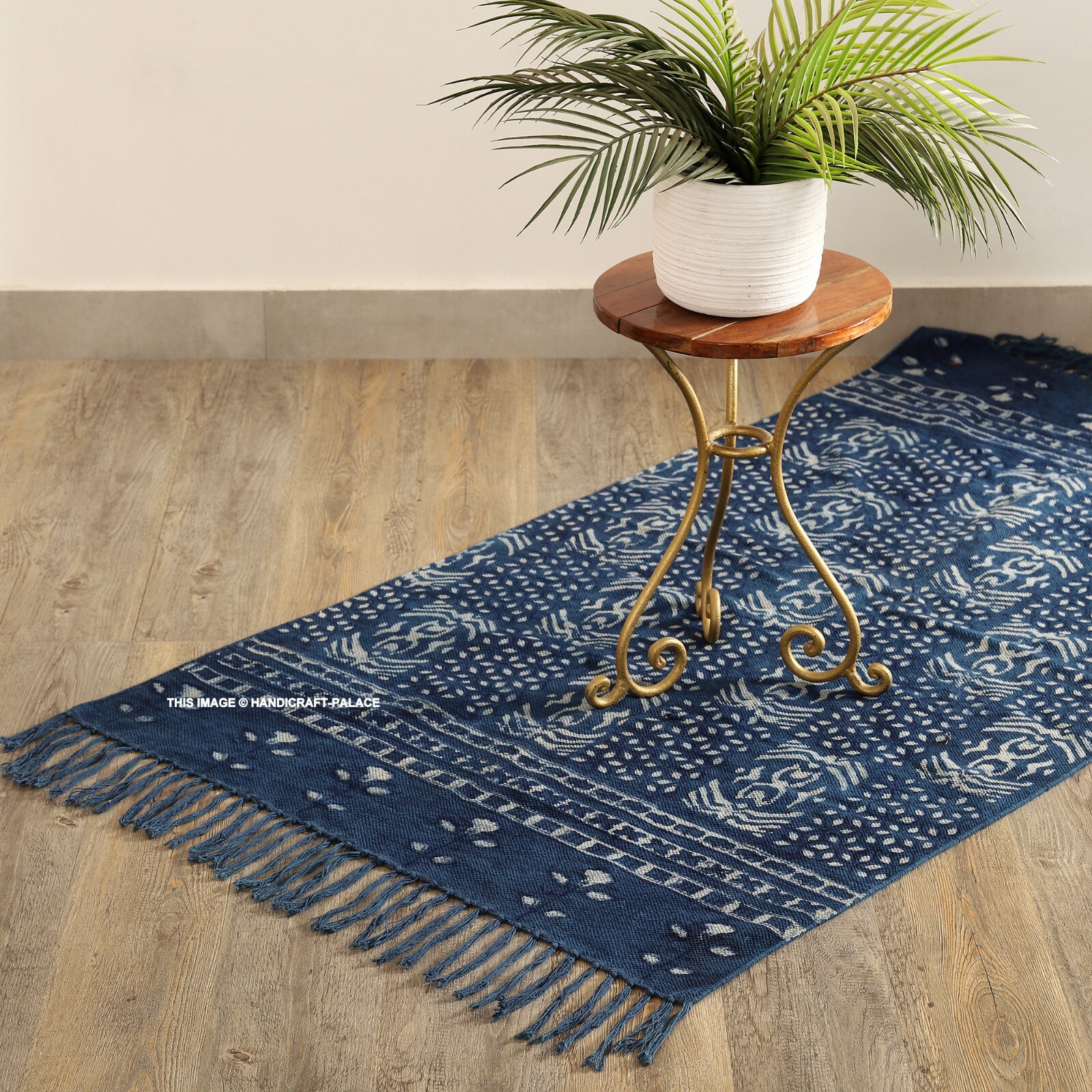 Indian Mat 3×5 Ft Carpet Indigo Blue Rugs Cotton Dhurrie Hand Block Printed Dari