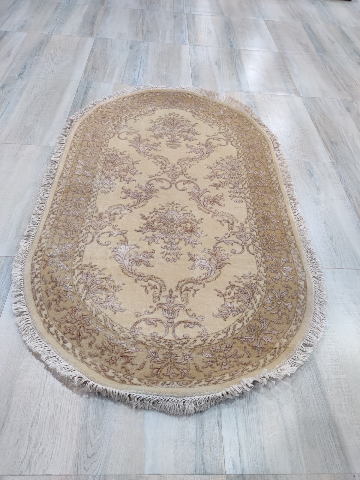 Damask Cream Gold 3 x 5 Hand Knotted Wool Rug for Bedroom 90×160 cm Oval Carpet