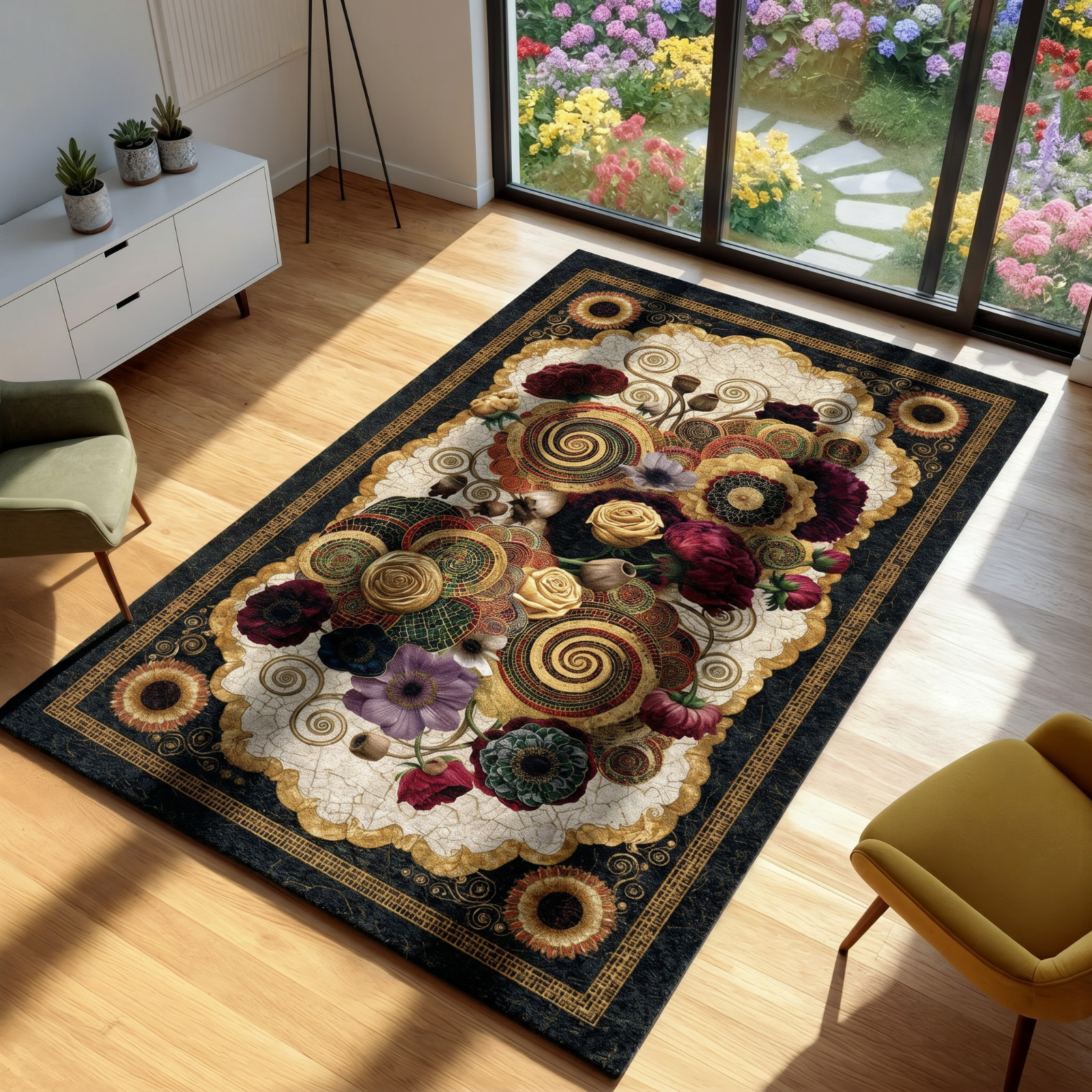 Mosaic Floral Area Rug, Dark Botanical Rose Circle Floor Rug, Klimt Style