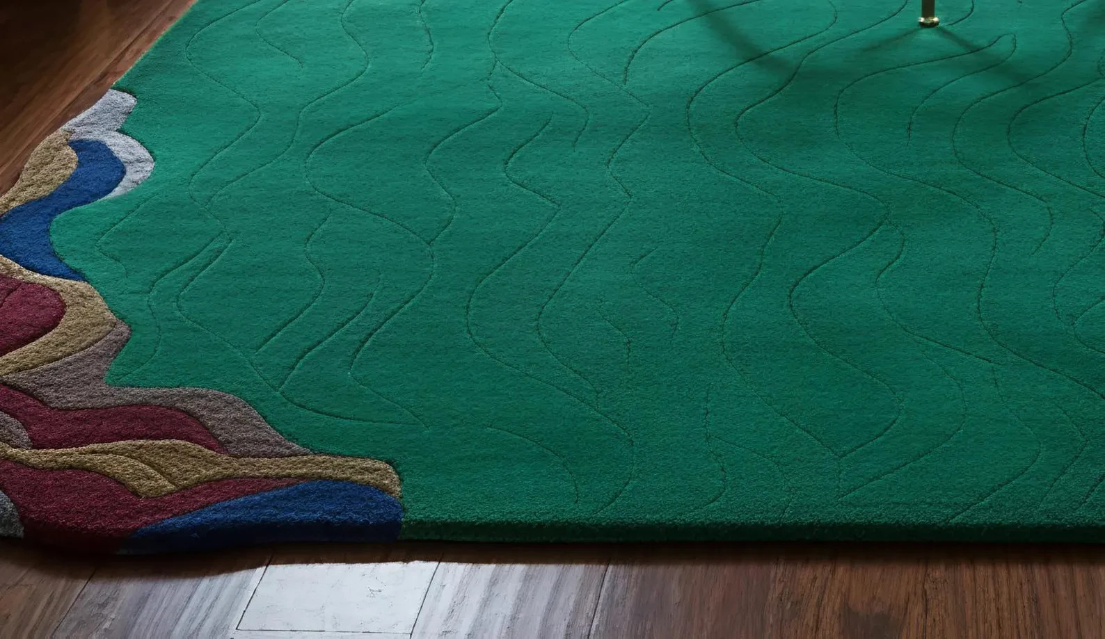 Hand Tufted Wool Rug, Emerald Green Abstract Wave, Organic Border, Modern Carpet