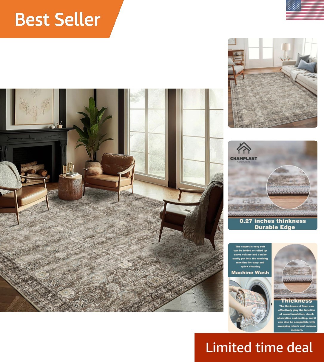 Washable Area Rug 9’x12′ Retro Boho Design Non-Shedding Easy Care Ideal for H…