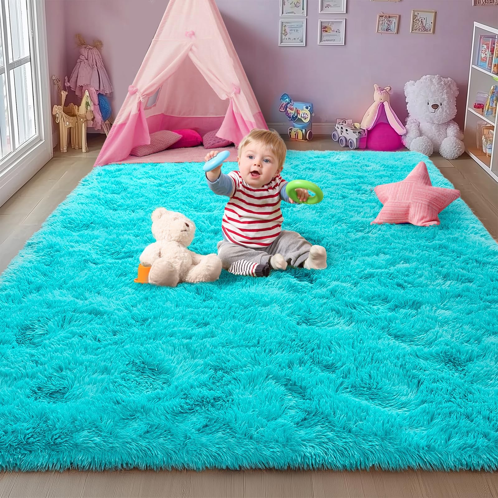 Rezutan Soft Fluffy Rug Teal Blue 5X7 Feet