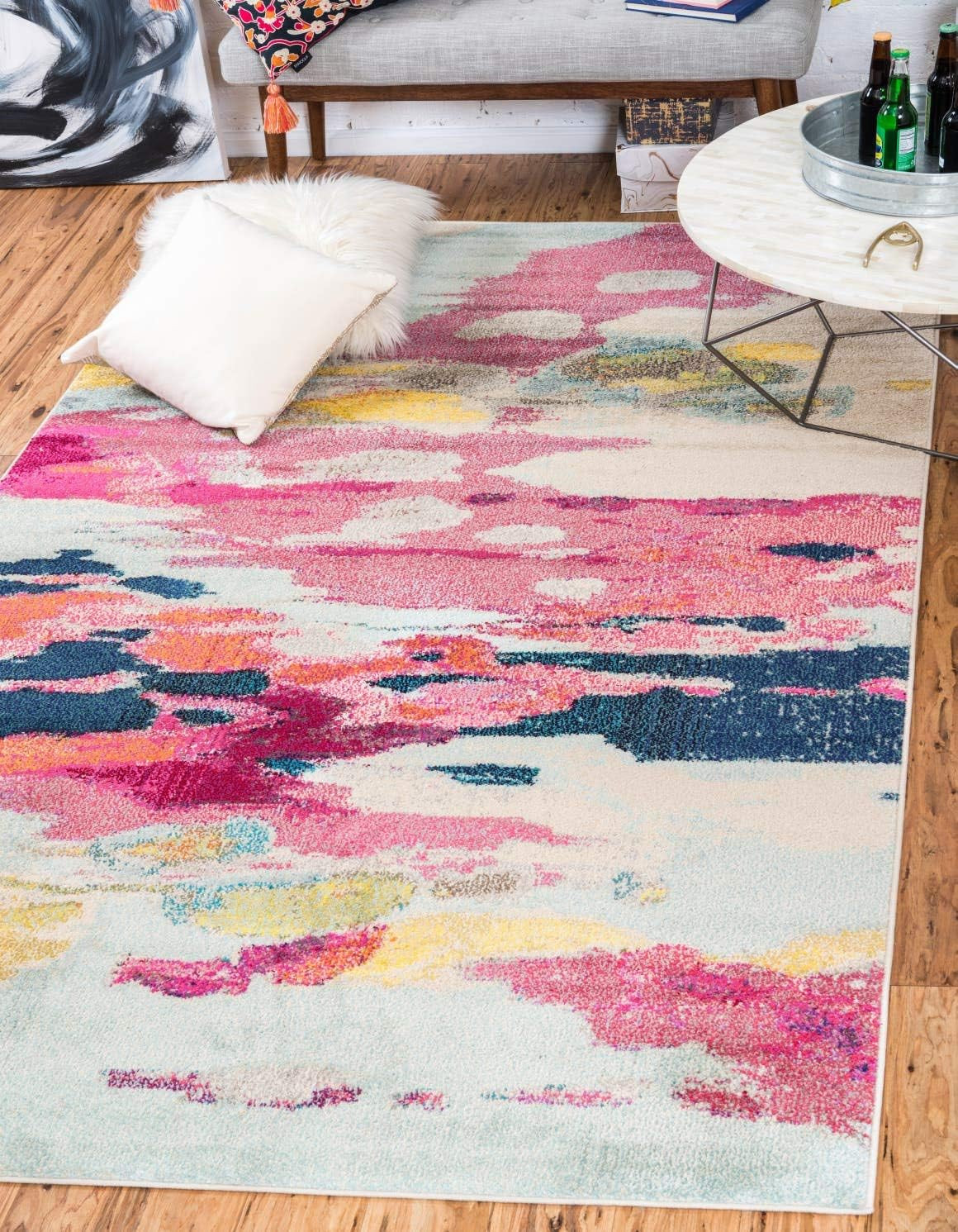 Vibrant Pink/Ivory Modern Abstract Area Rug, 5×8 Ft – Estrella Collection