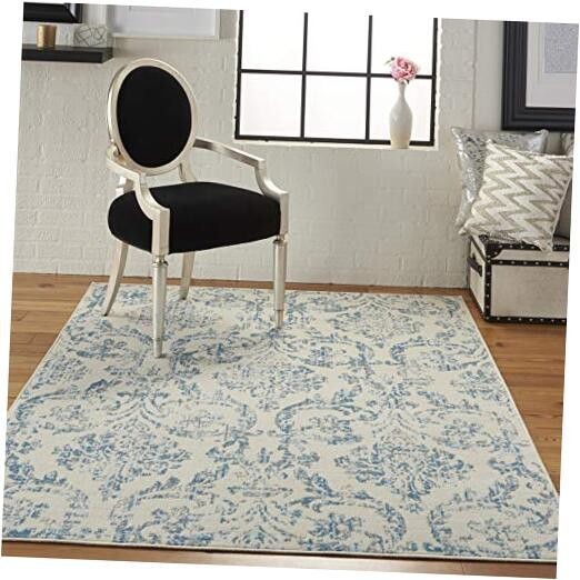 Home Jubilant Damask Ivory/Blue 4′ x 6′ Area -Rug, Easy -Cleaning, Non