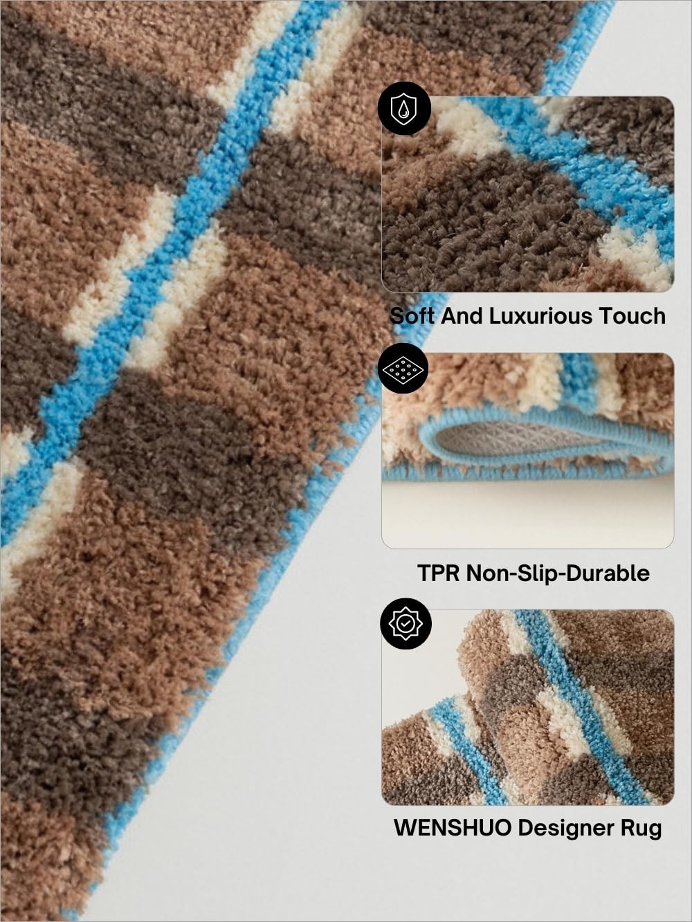 Seasalt Checked Area Rug BrownMicrofiber Absorbent Non-Slip Throw RugTPR Non-…