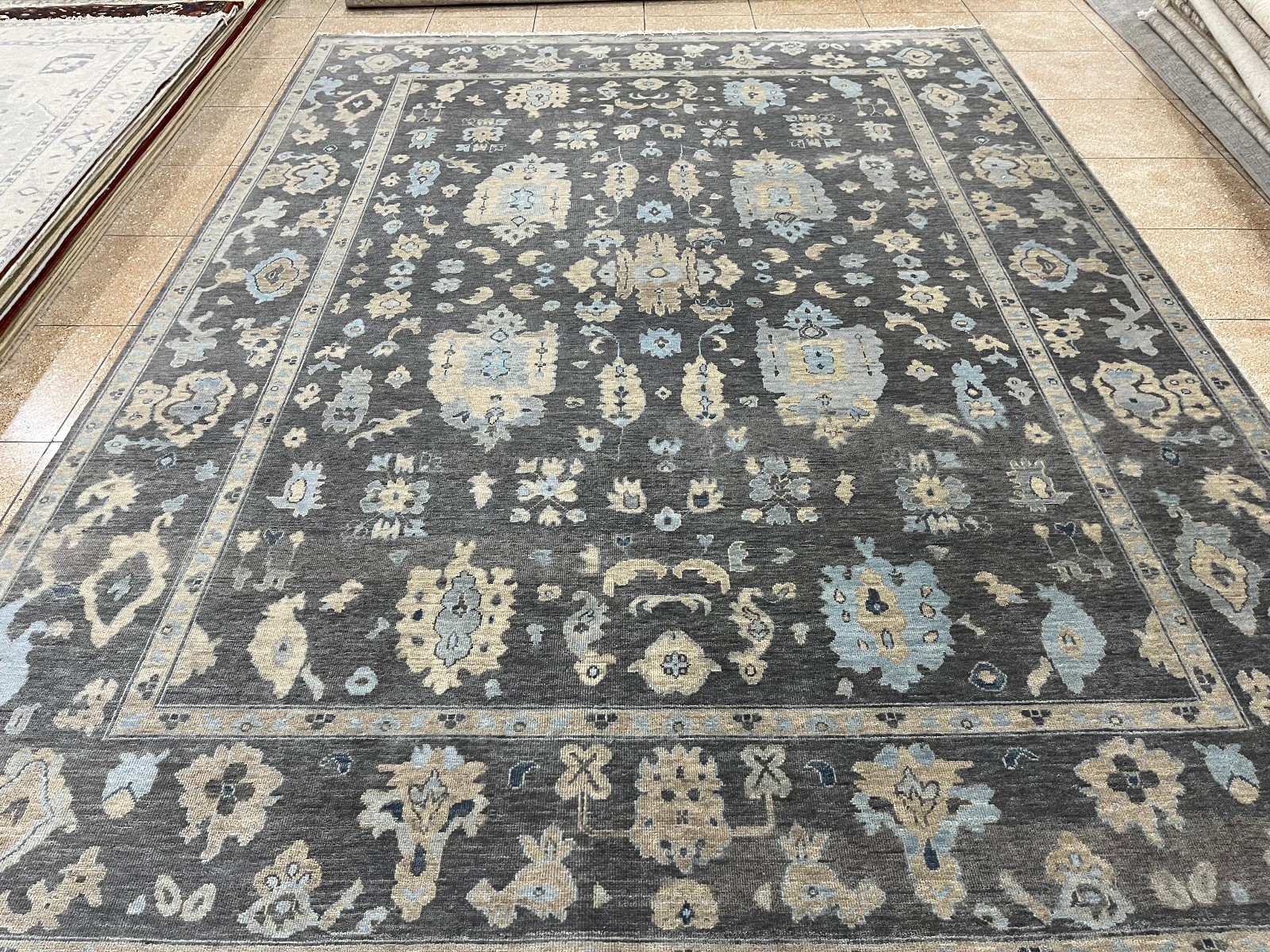 Hand Knotted Oushak Rug Charcoal Grey Blue Wool Area Rug Handmade Turkish Carpet