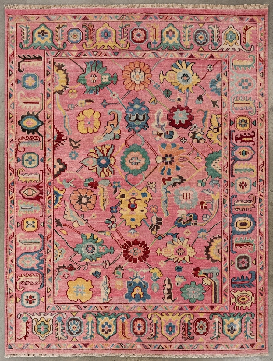 Pink Oushak Rug Hand Knotted Wool Floral Area Rug Vintage Turkish Custom